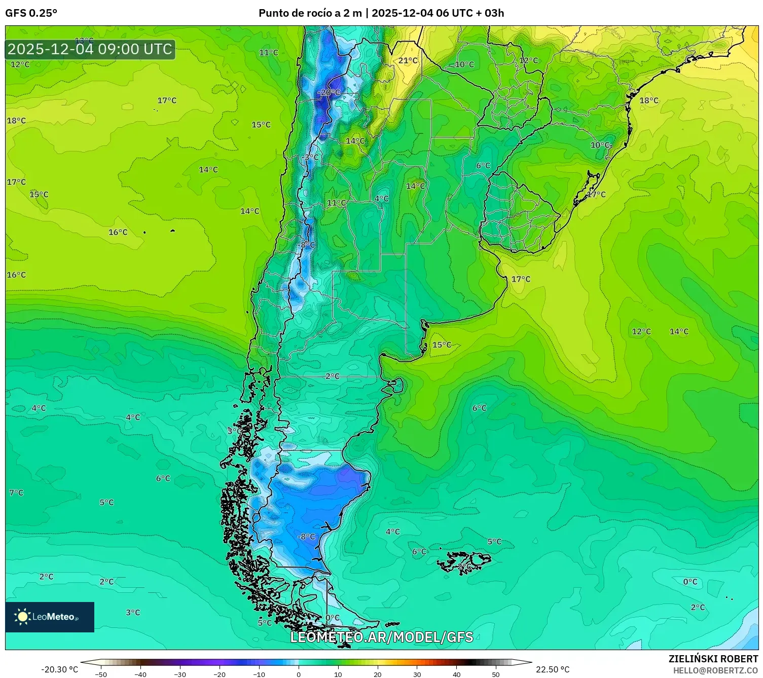 GFS model - Argentina, Punto de rocío a 2 m