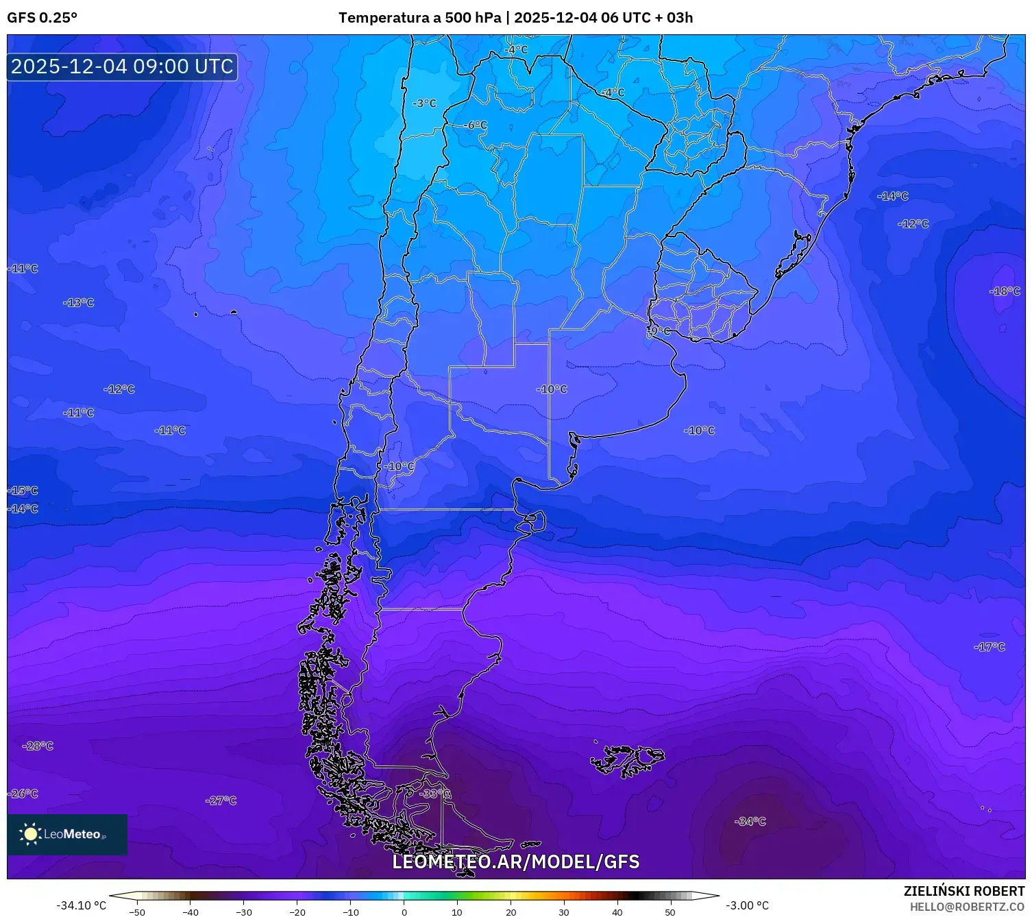 GFS model - Argentina, Temperatura a 500 hPa