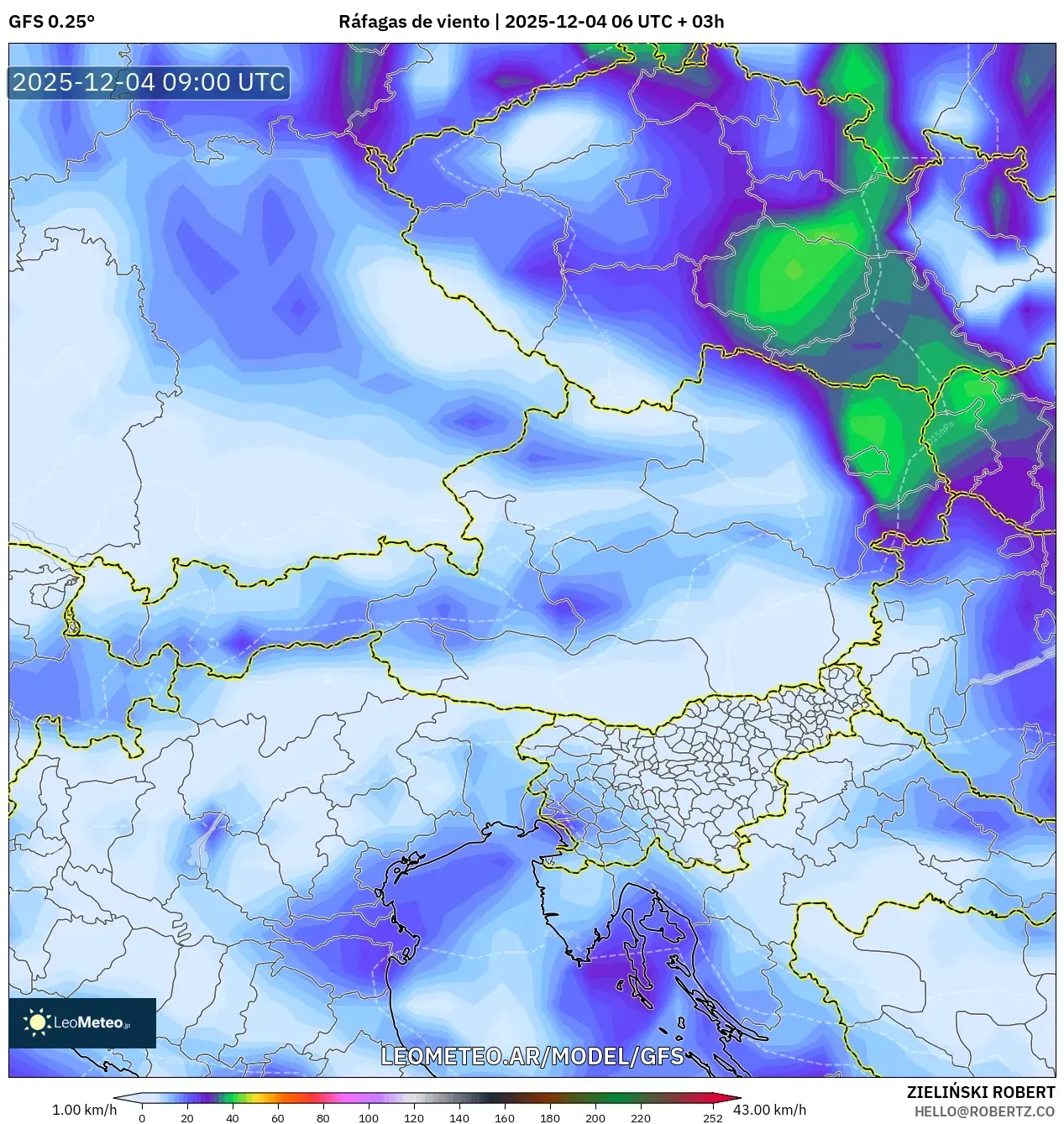 GFS model - Austria, Ráfagas de viento