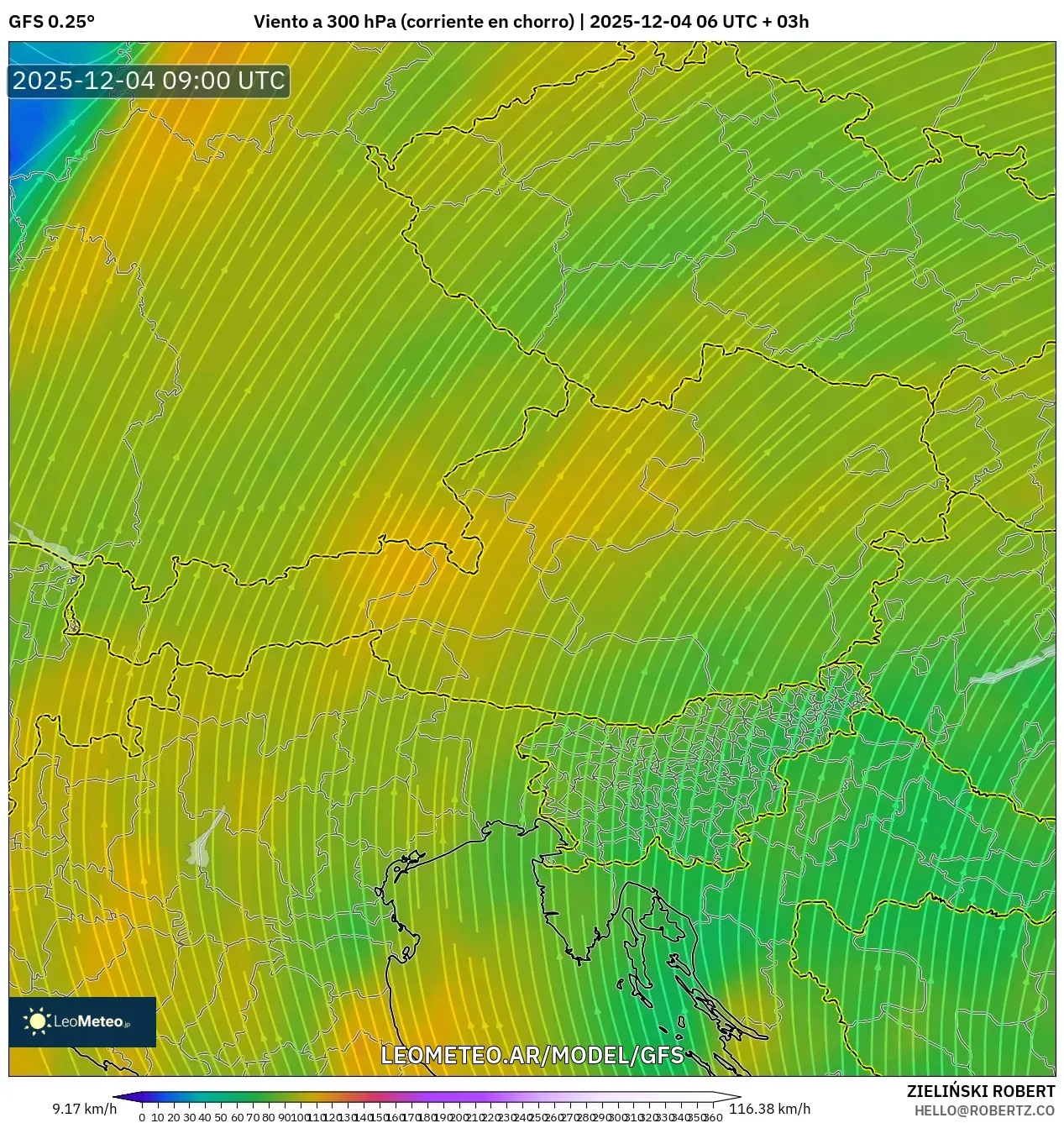 GFS model - Austria, Viento a 300 hPa (corriente en chorro)