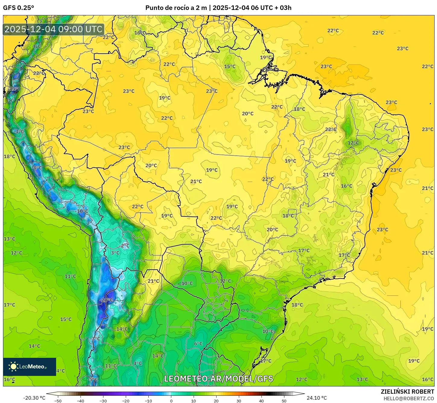GFS model - Brasil, Punto de rocío a 2 m
