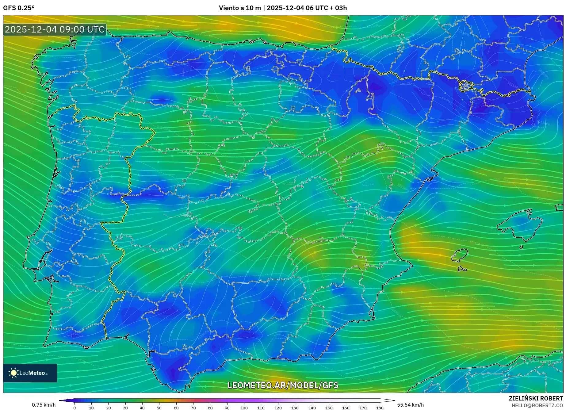 GFS model - España, Viento a 10 m