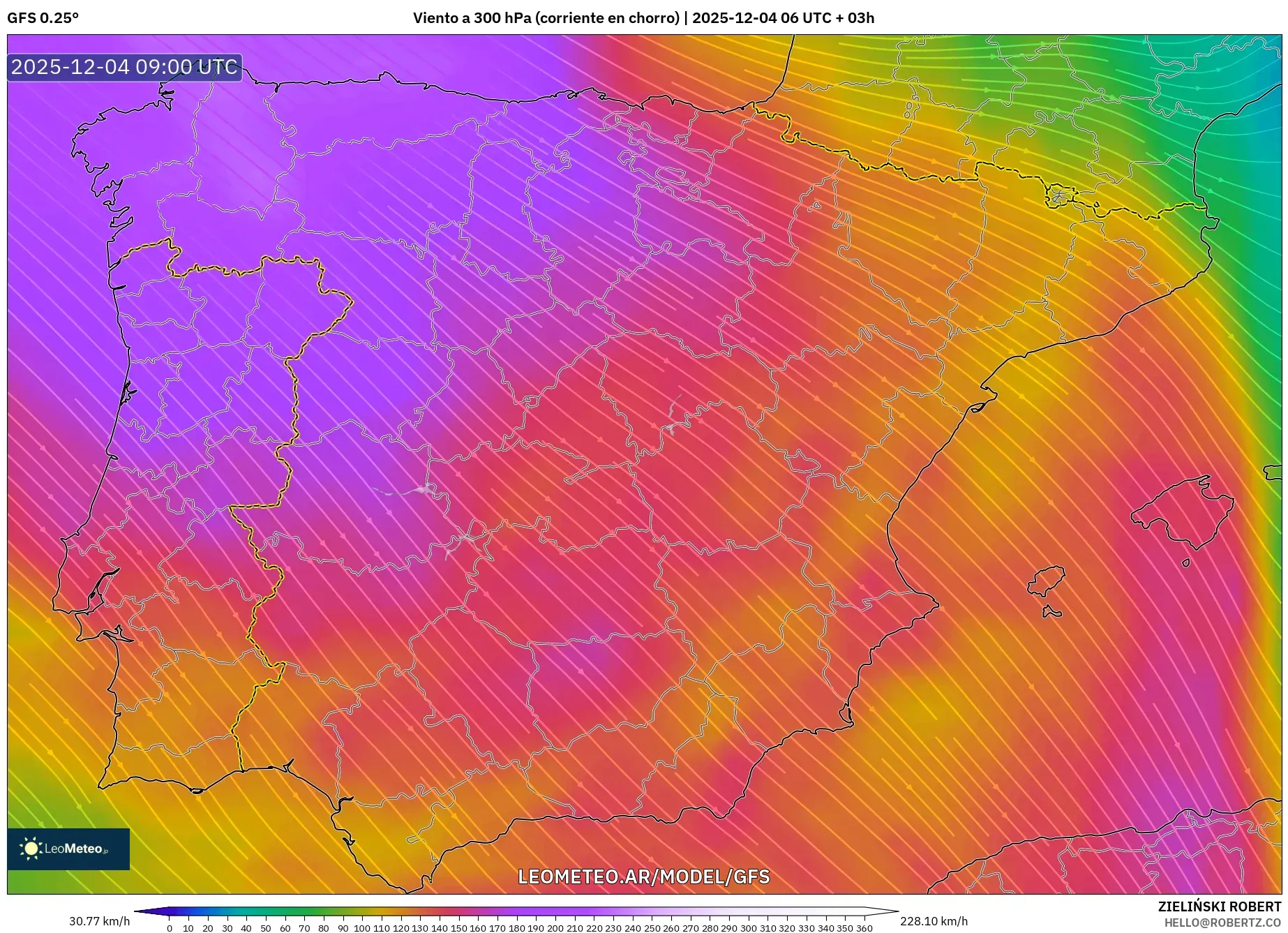 GFS model - España, Viento a 300 hPa (corriente en chorro)