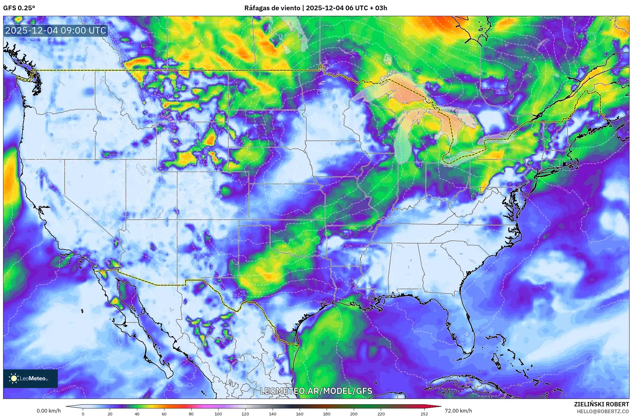 GFS model - Estados Unidos, Ráfagas de viento