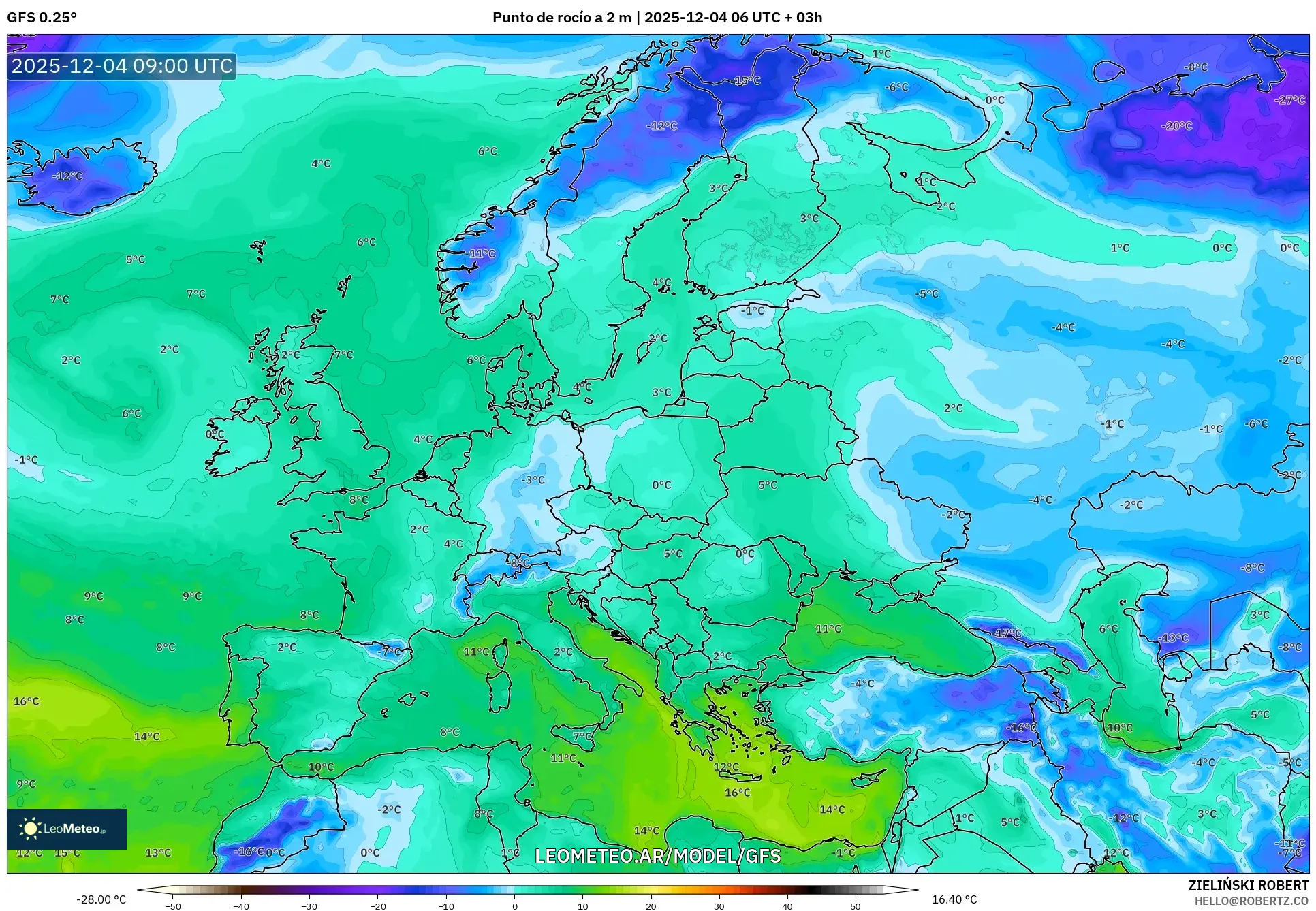 GFS model - Europa, Punto de rocío a 2 m