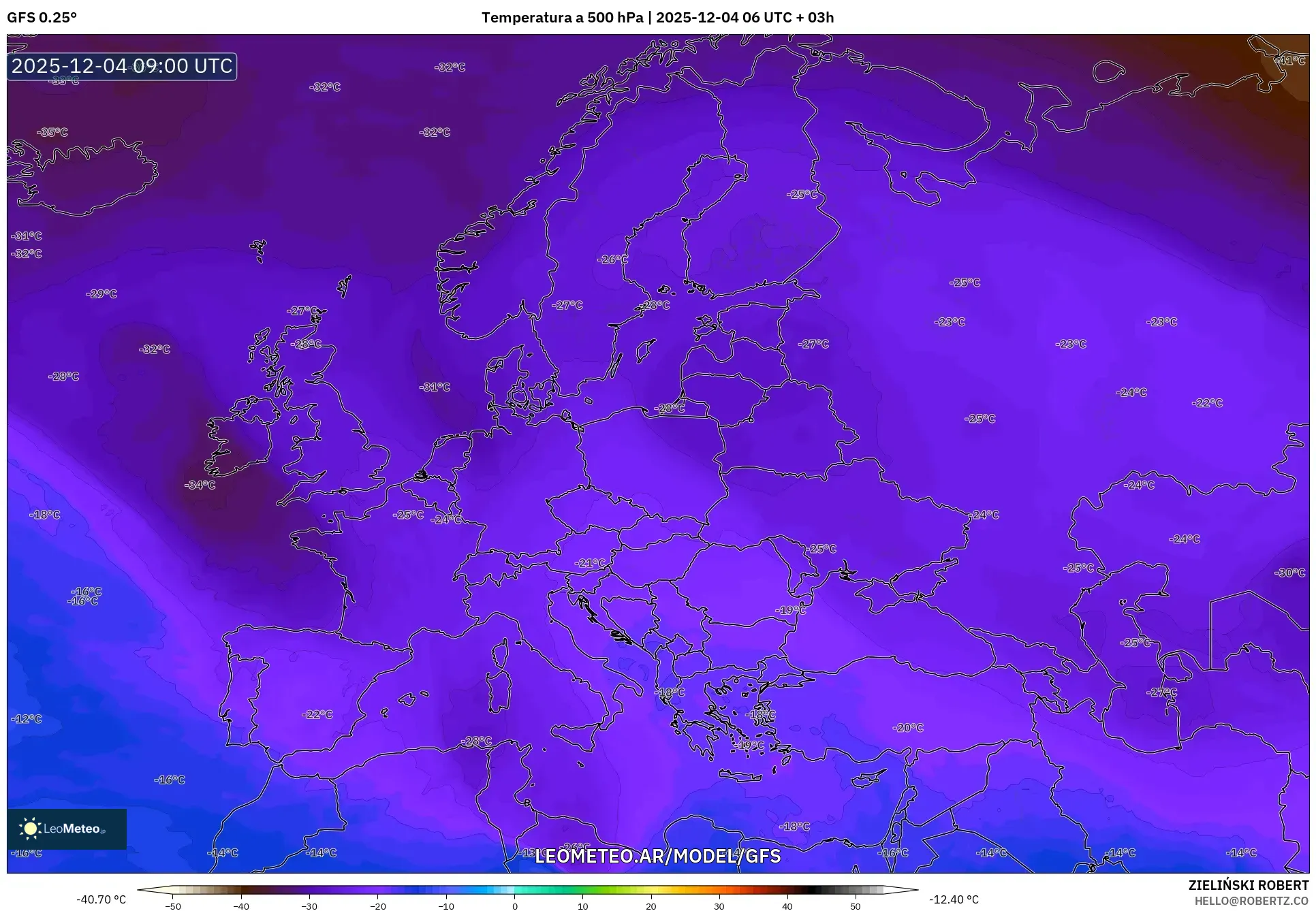 GFS model - Europa, Temperatura a 500 hPa