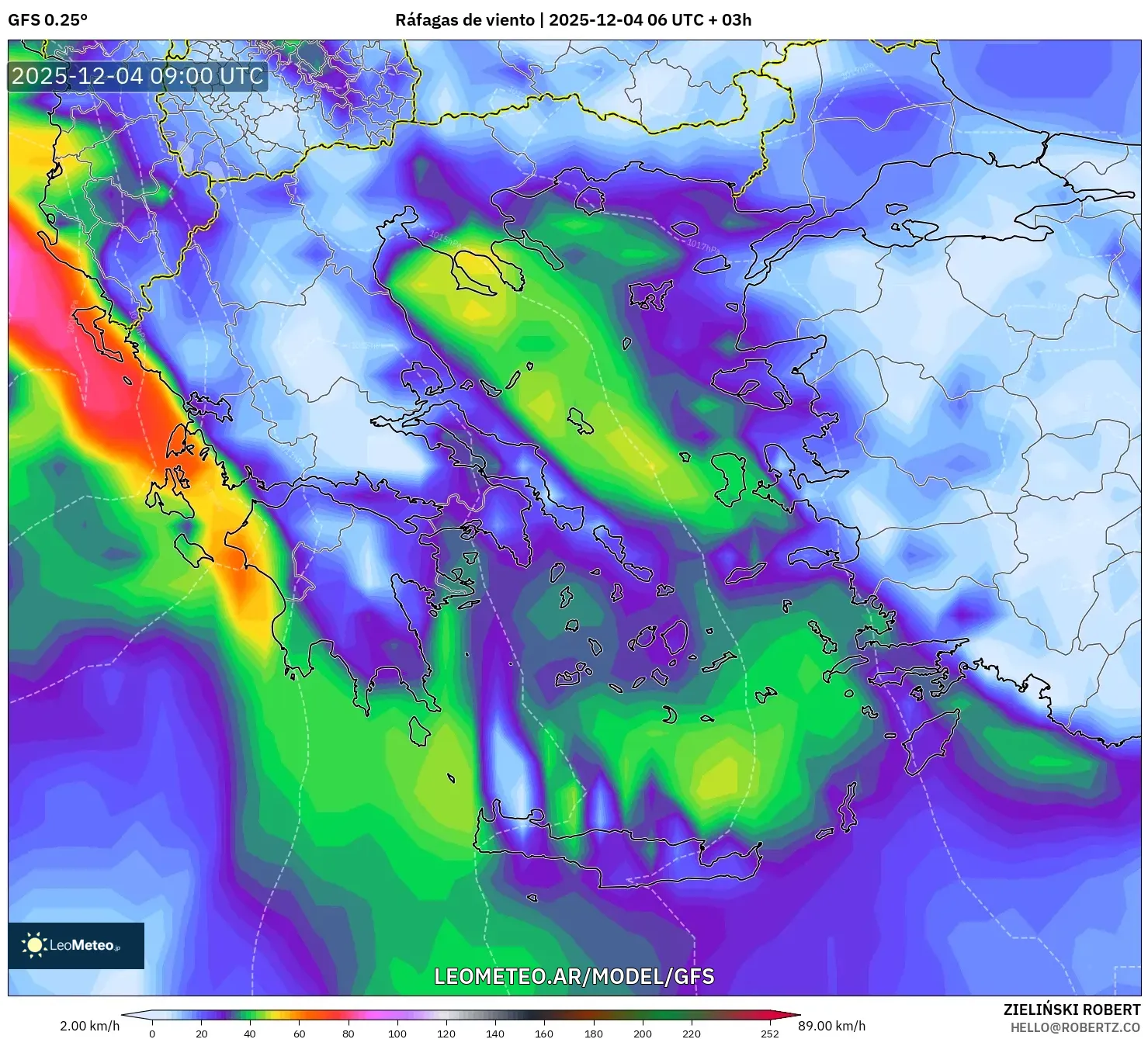 GFS model - Grecia, Ráfagas de viento