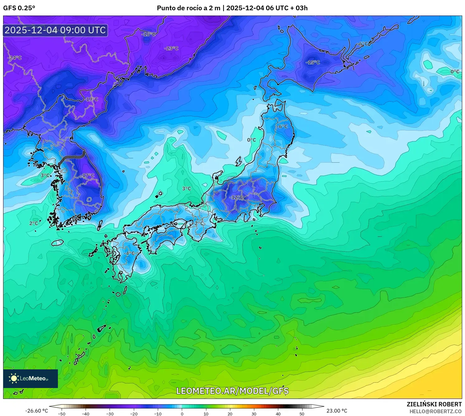 GFS model - Japón, Punto de rocío a 2 m