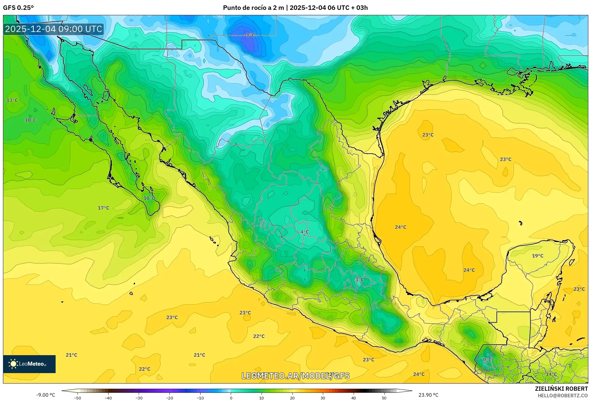 GFS model - México, Punto de rocío a 2 m