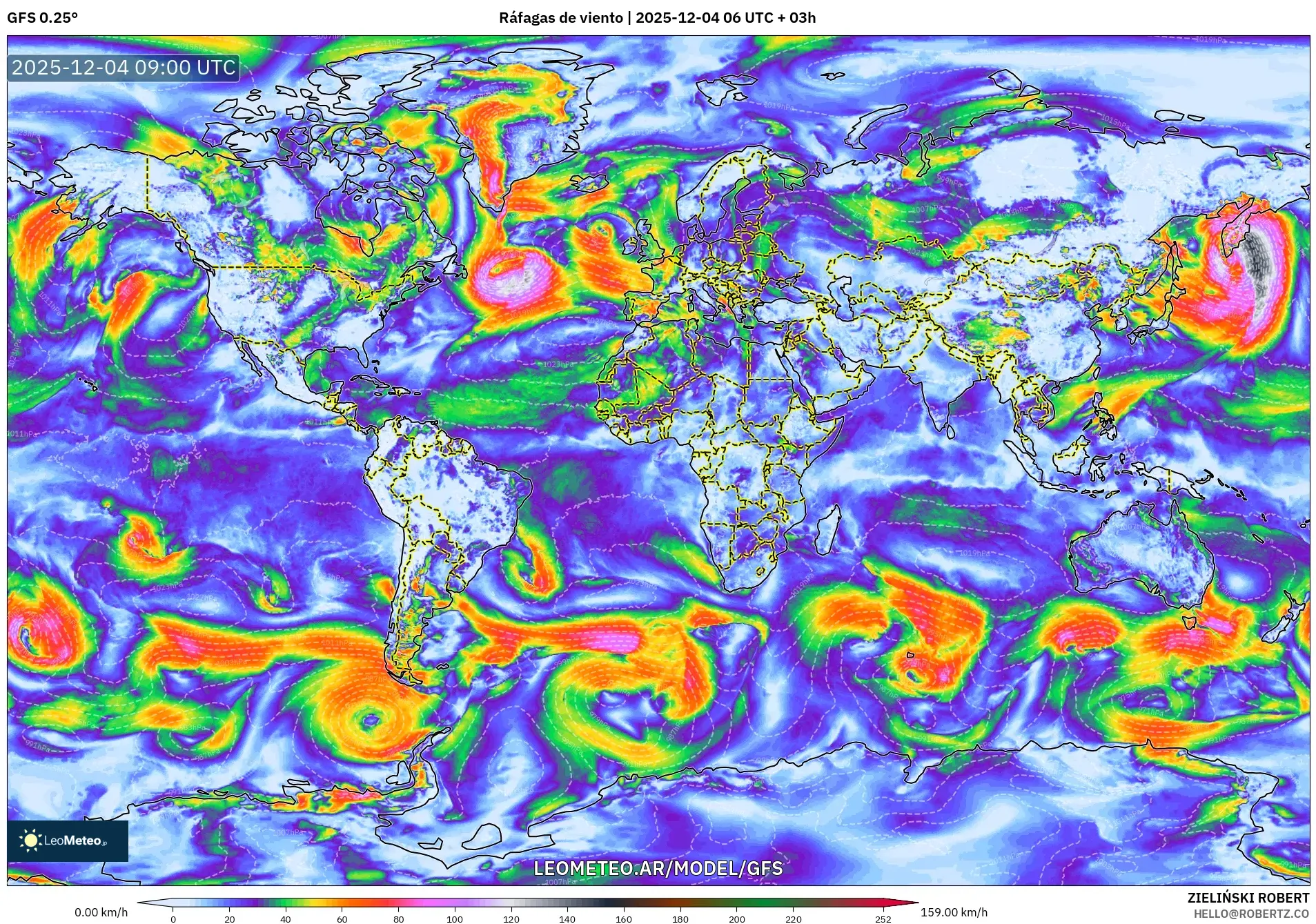 GFS model - Mundo, Ráfagas de viento