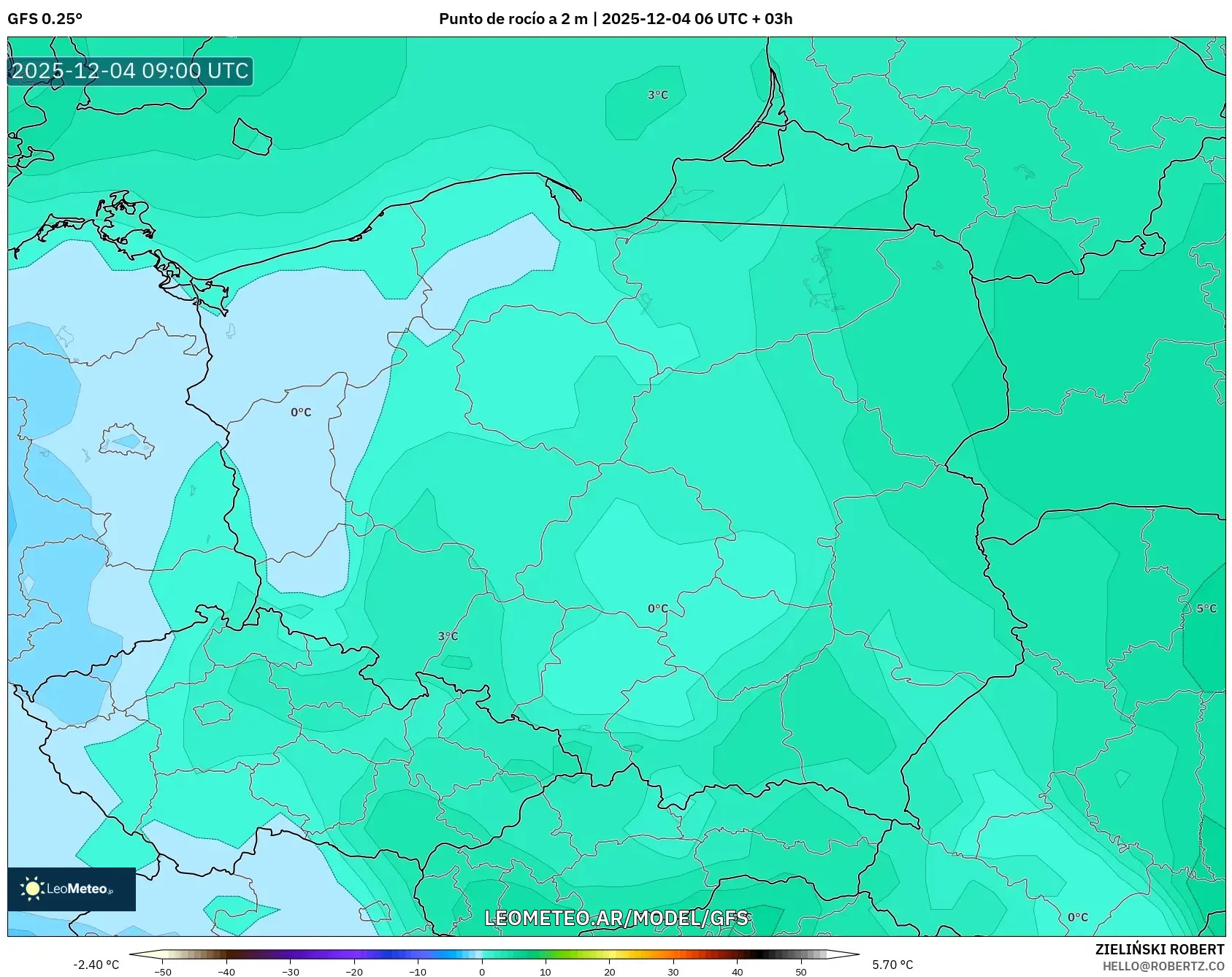 GFS model - Polonia, Punto de rocío a 2 m