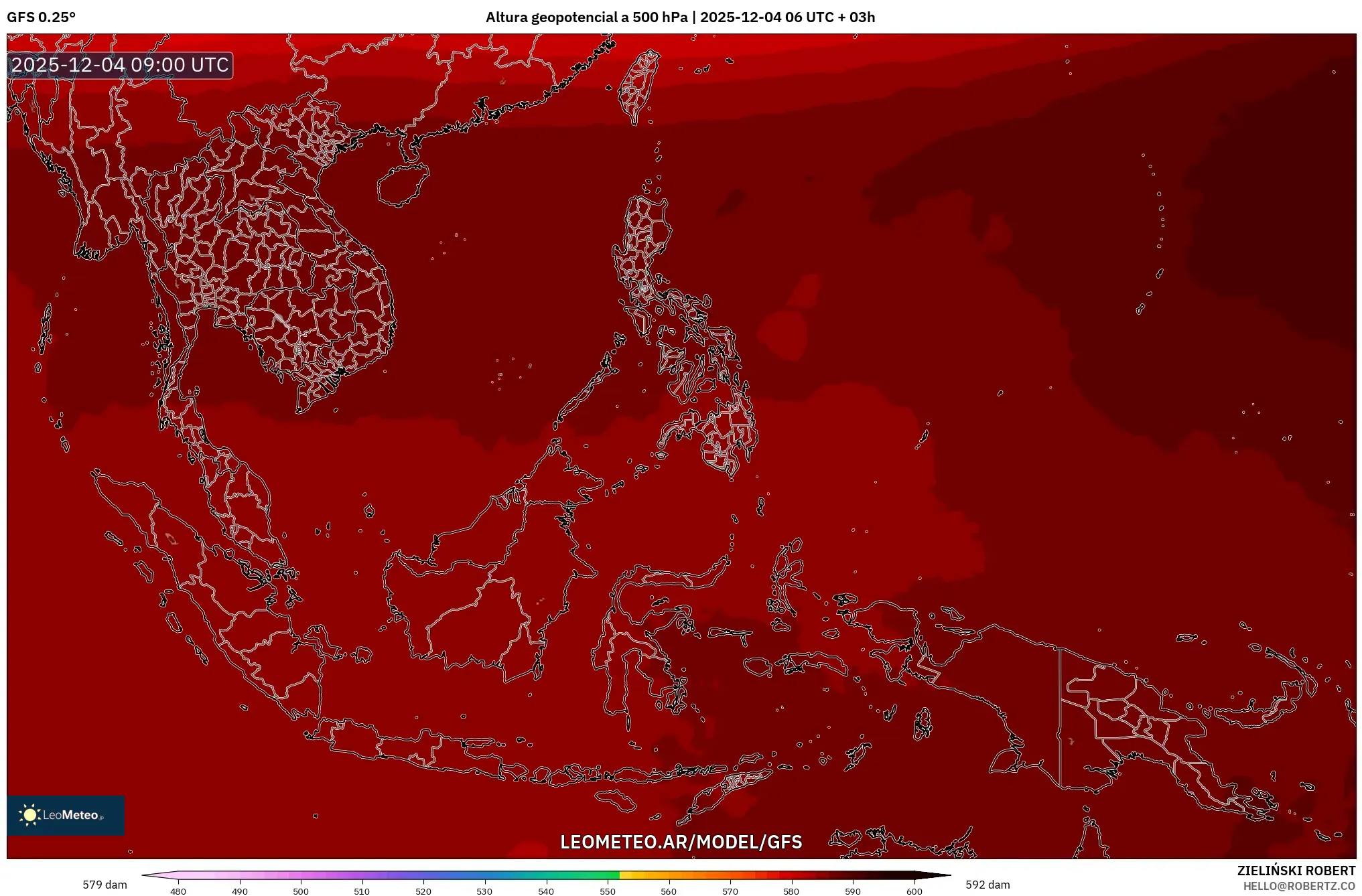 GFS model - Sudeste Asiático, Altura geopotencial a 500 hPa