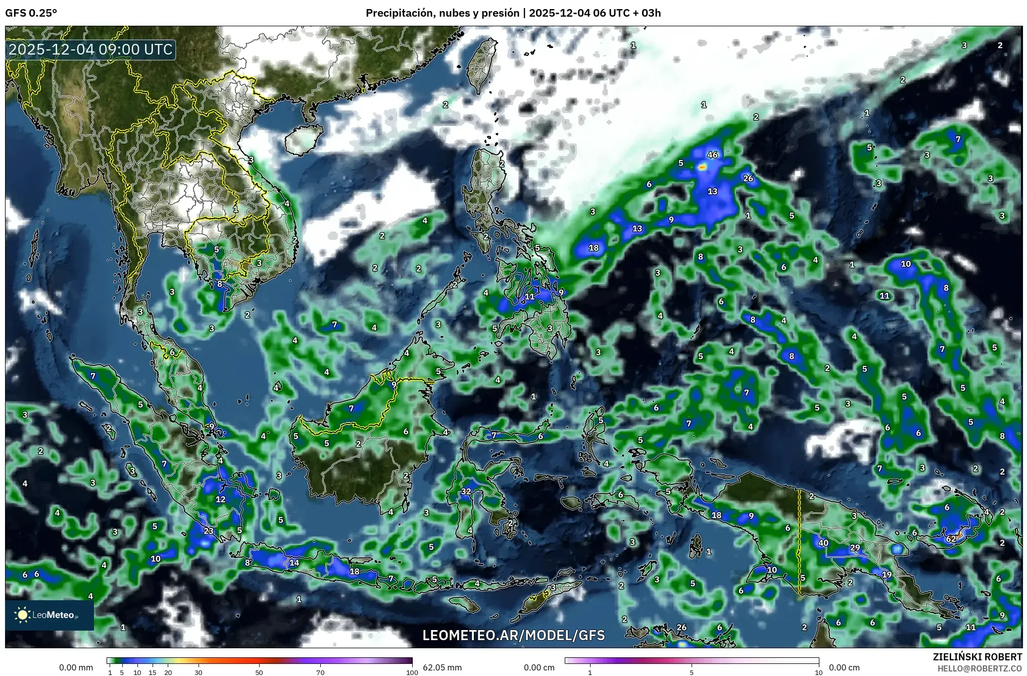 GFS model - Sudeste Asiático, Precipitación, nubes y presión