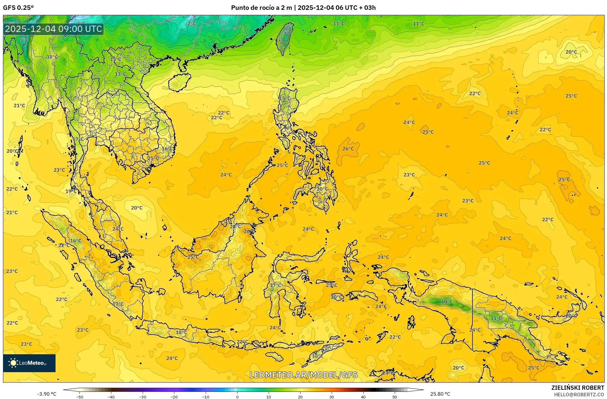 GFS model - Sudeste Asiático, Punto de rocío a 2 m