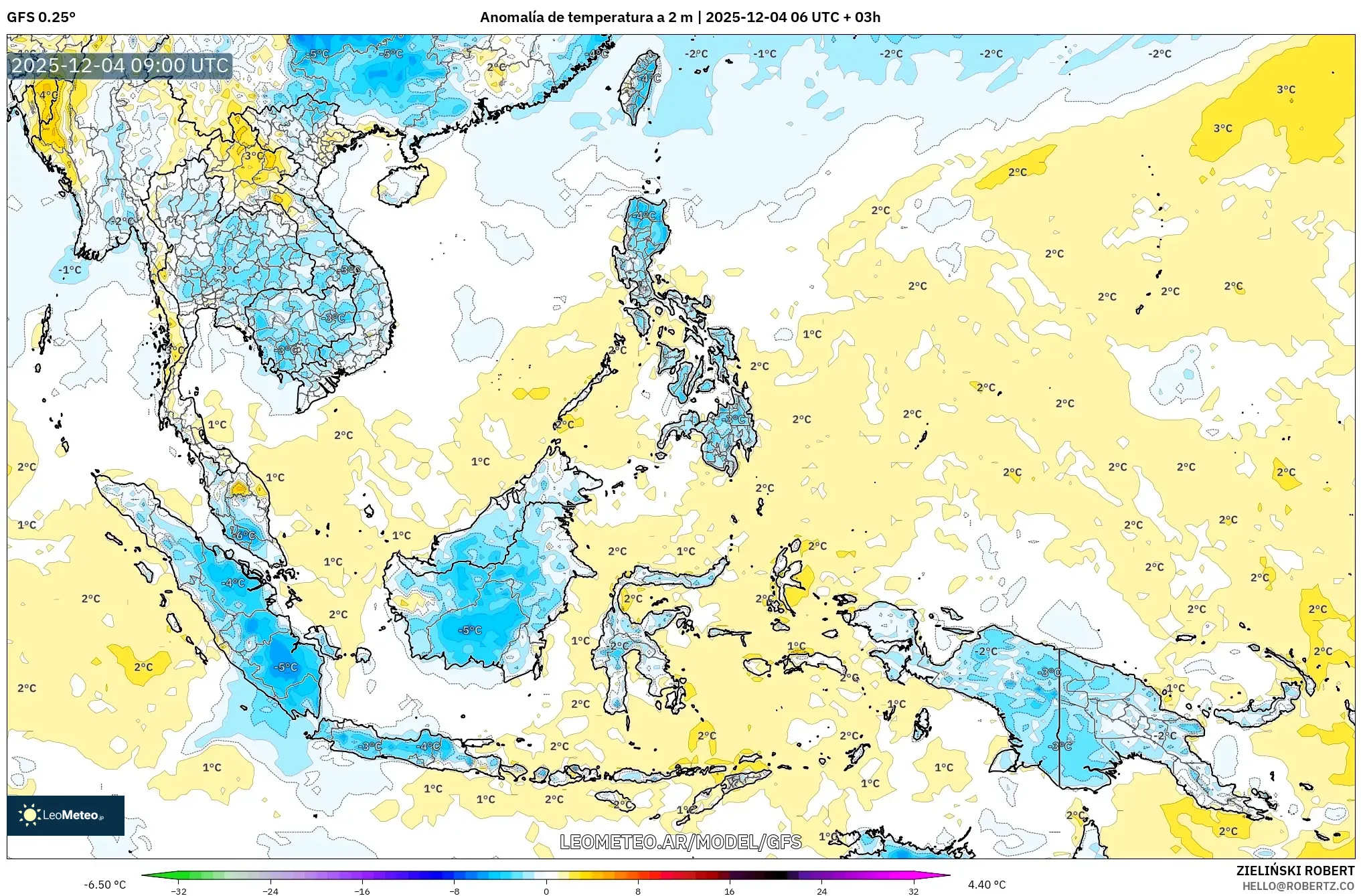 GFS model - Sudeste Asiático, Anomalía de temperatura a 2 m