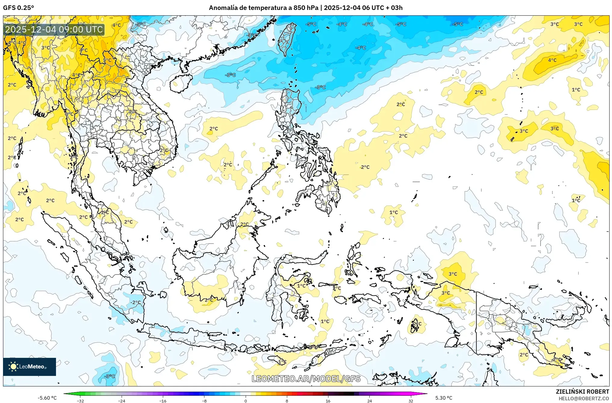 GFS model - Sudeste Asiático, Anomalía de temperatura a 850 hPa