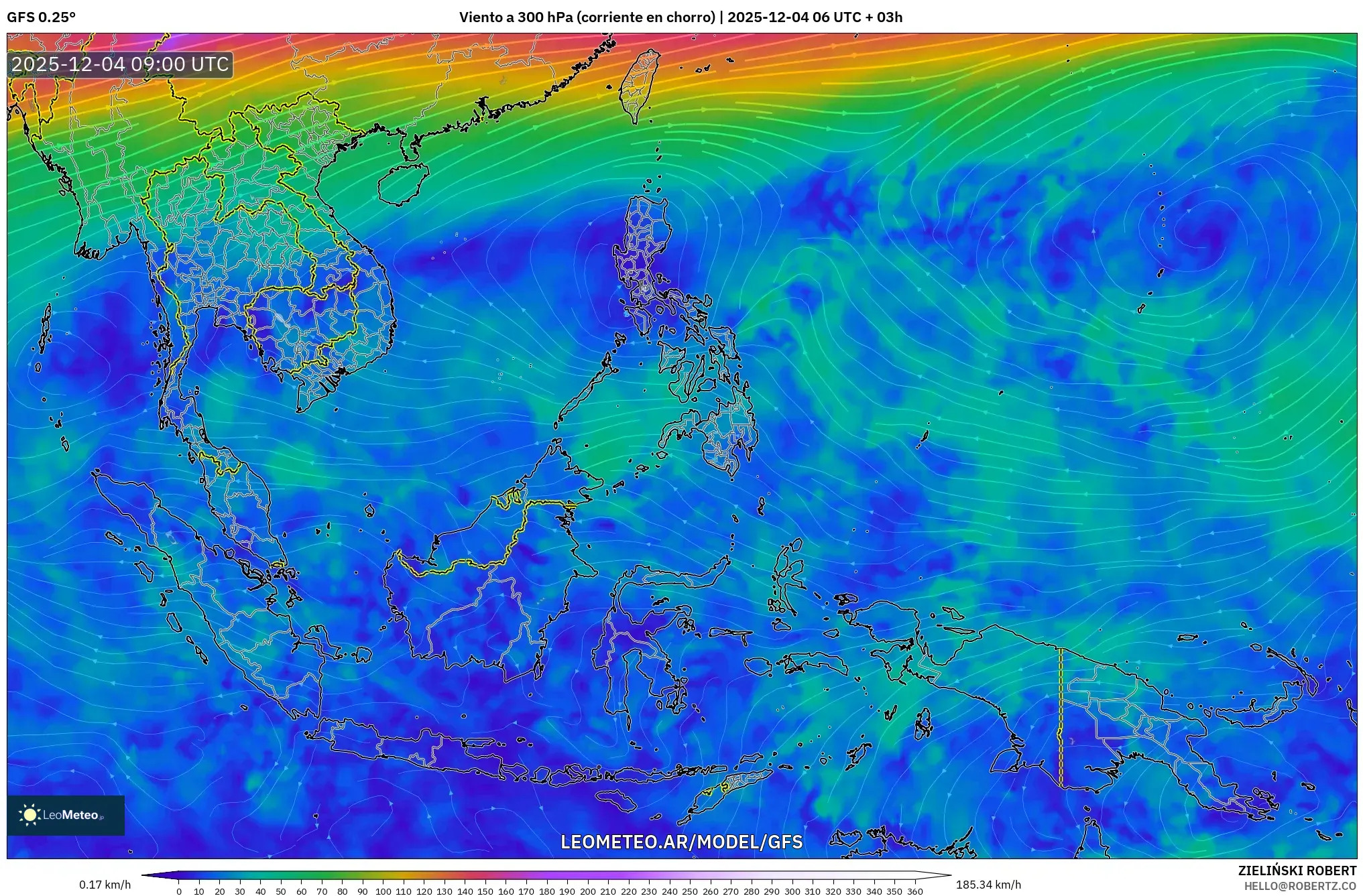 GFS model - Sudeste Asiático, Viento a 300 hPa (corriente en chorro)