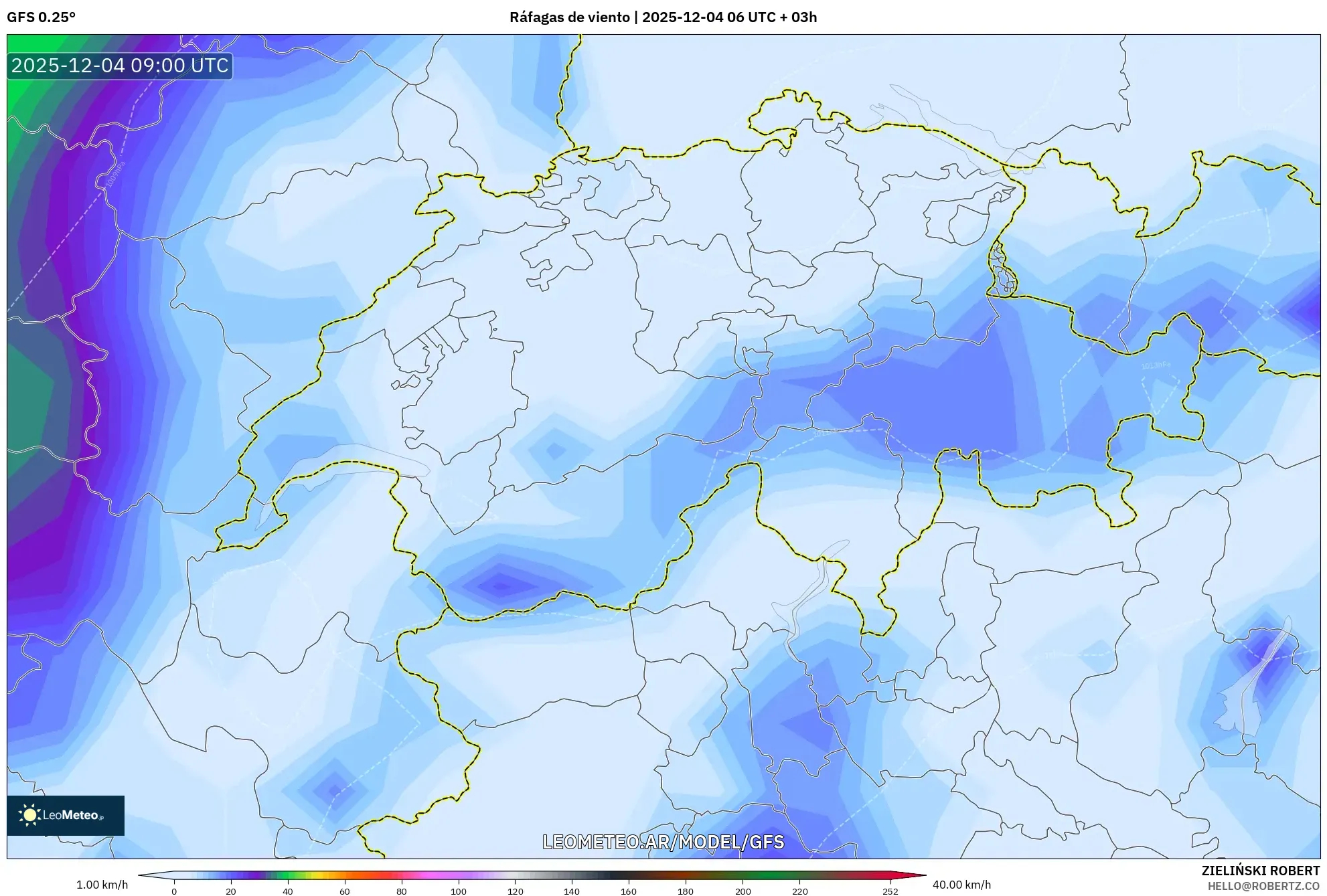 GFS model - Suiza, Ráfagas de viento