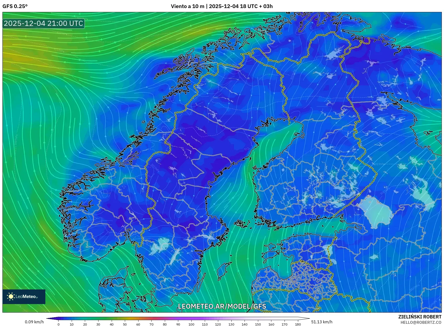 GFS model - Escandinavia, Viento a 10 m