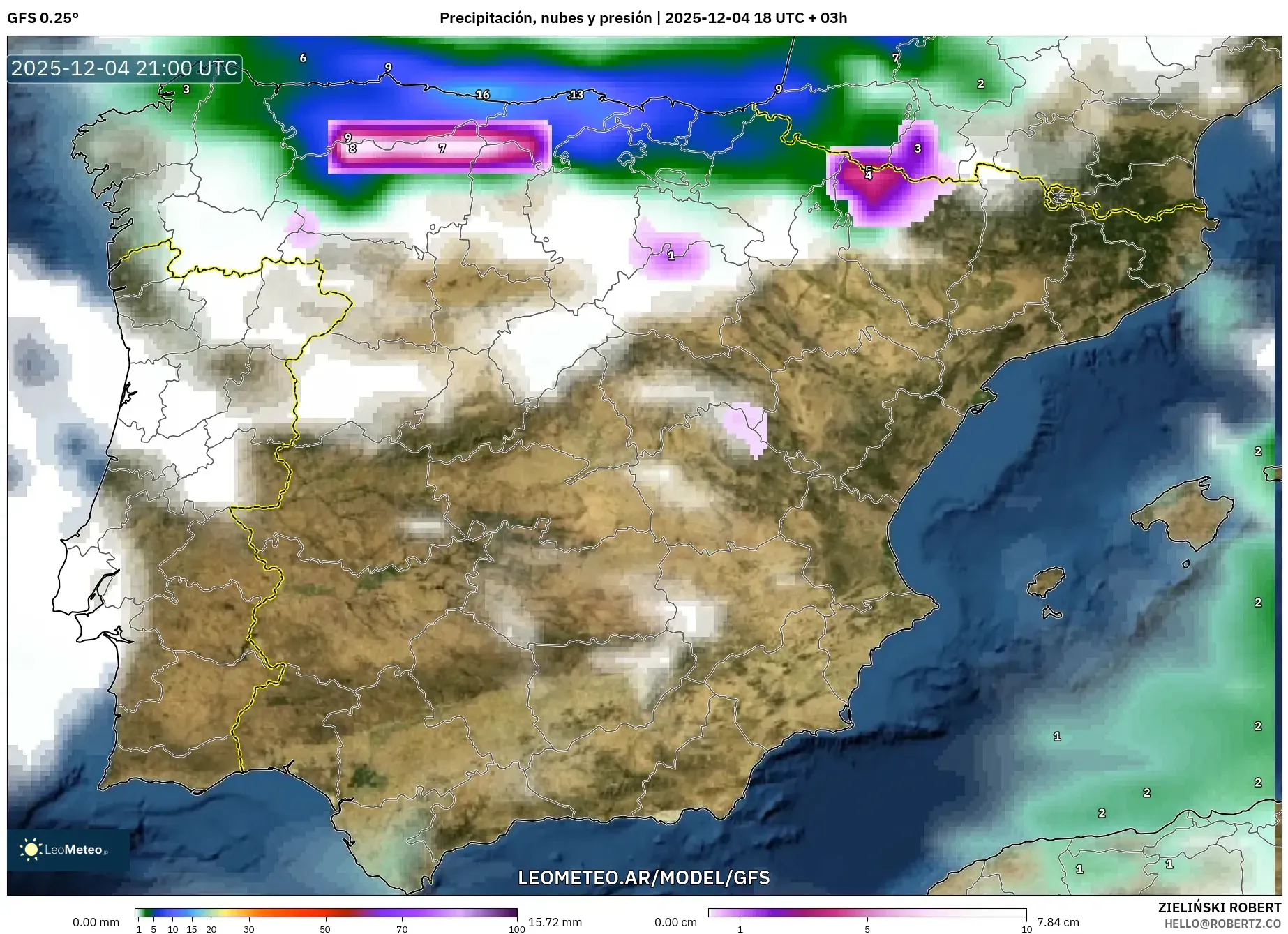 GFS model - España, Precipitación, nubes y presión