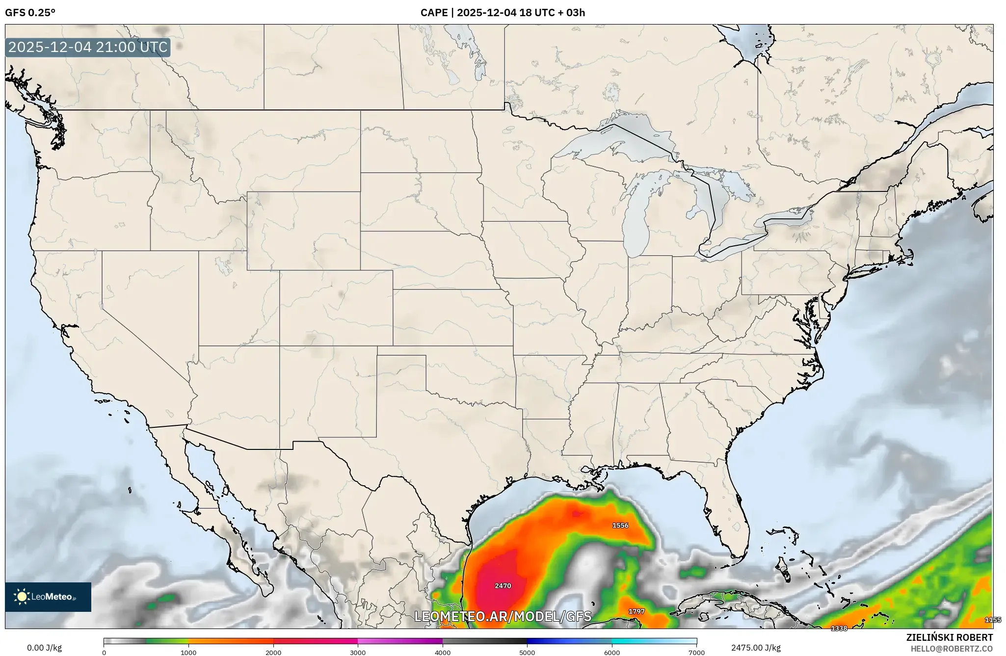 GFS model - Estados Unidos, CAPE