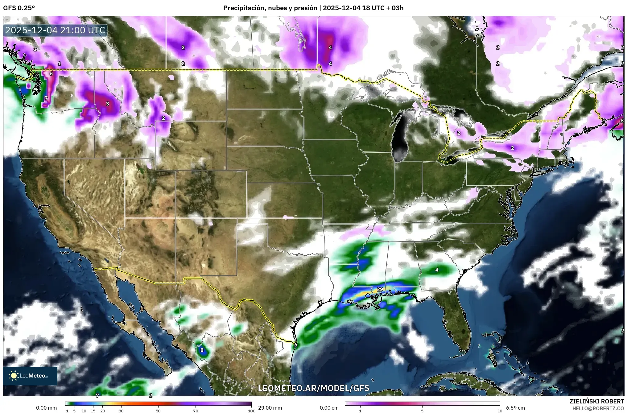 GFS model - Estados Unidos, Precipitación, nubes y presión