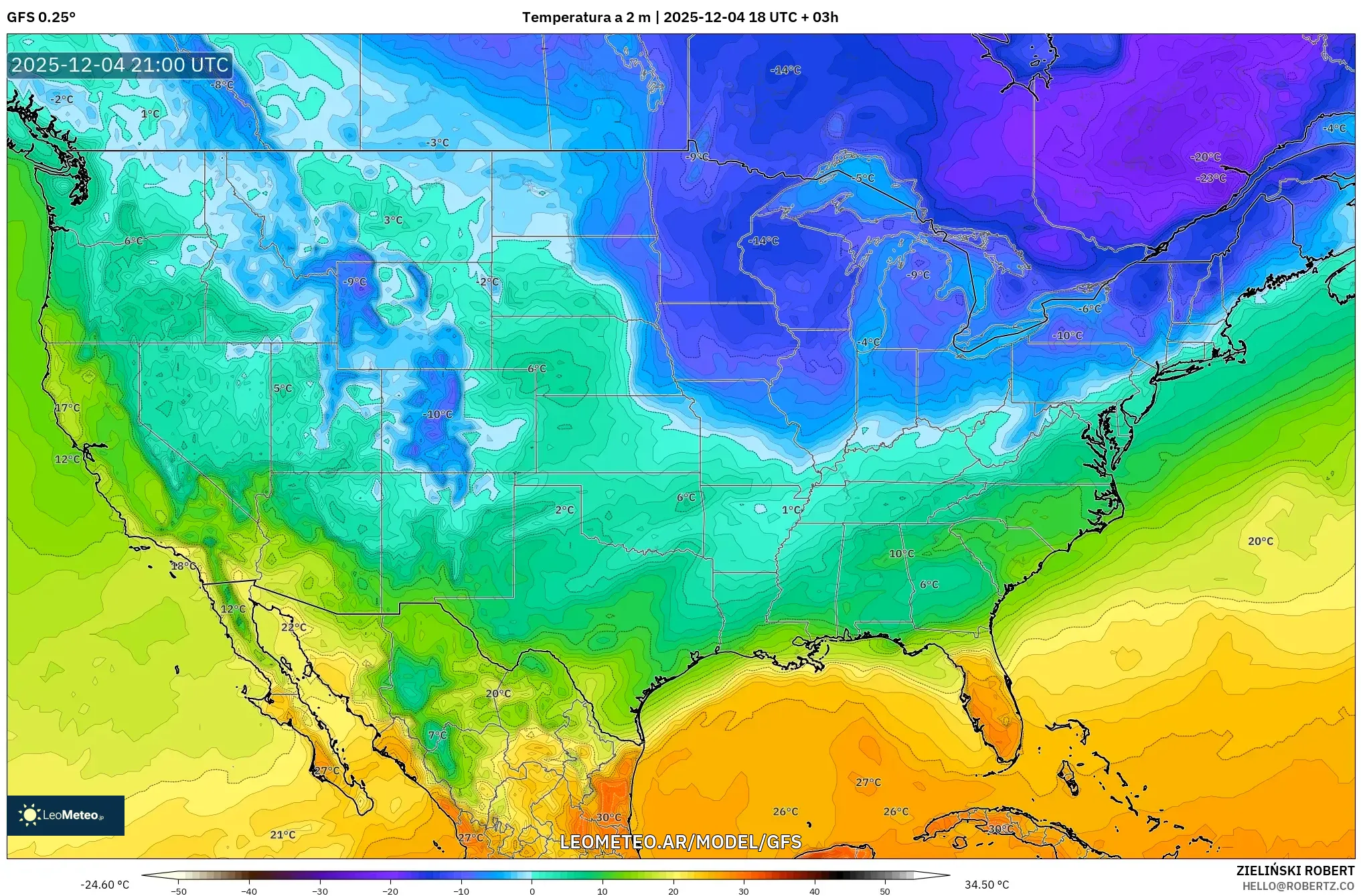 GFS model - Estados Unidos, Temperatura a 2 m