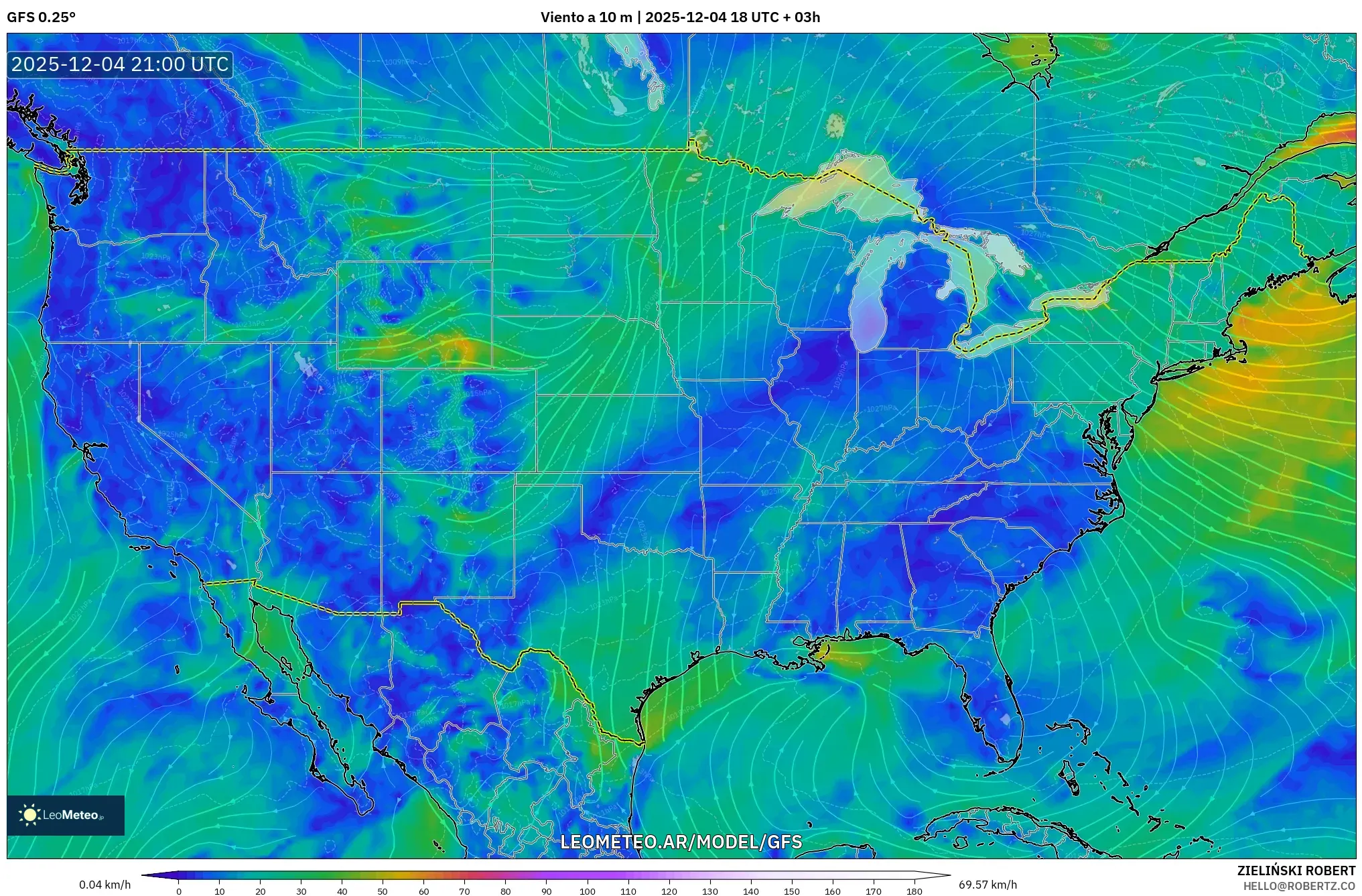GFS model - Estados Unidos, Viento a 10 m