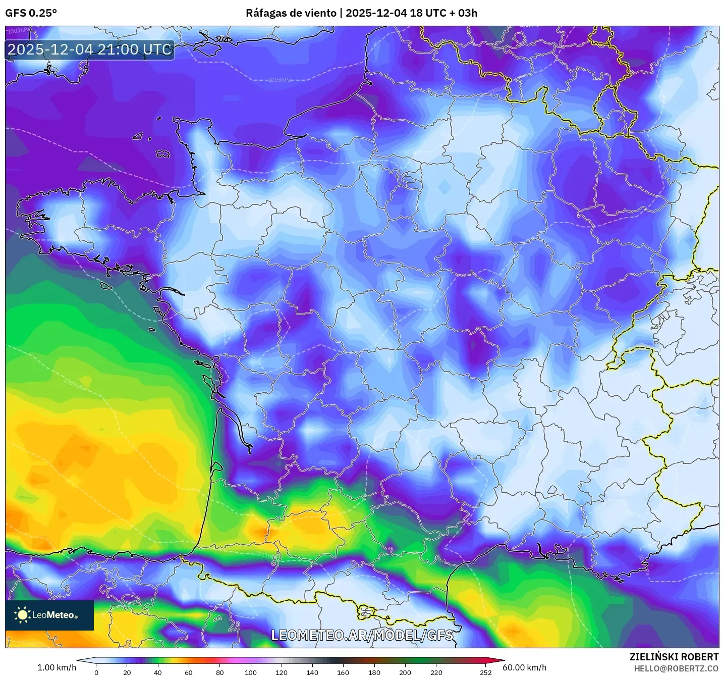 GFS model - Francia, Ráfagas de viento