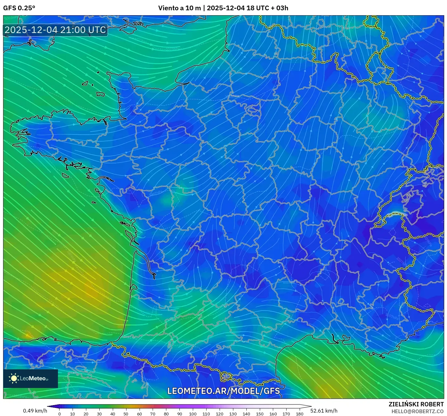 GFS model - Francia, Viento a 10 m