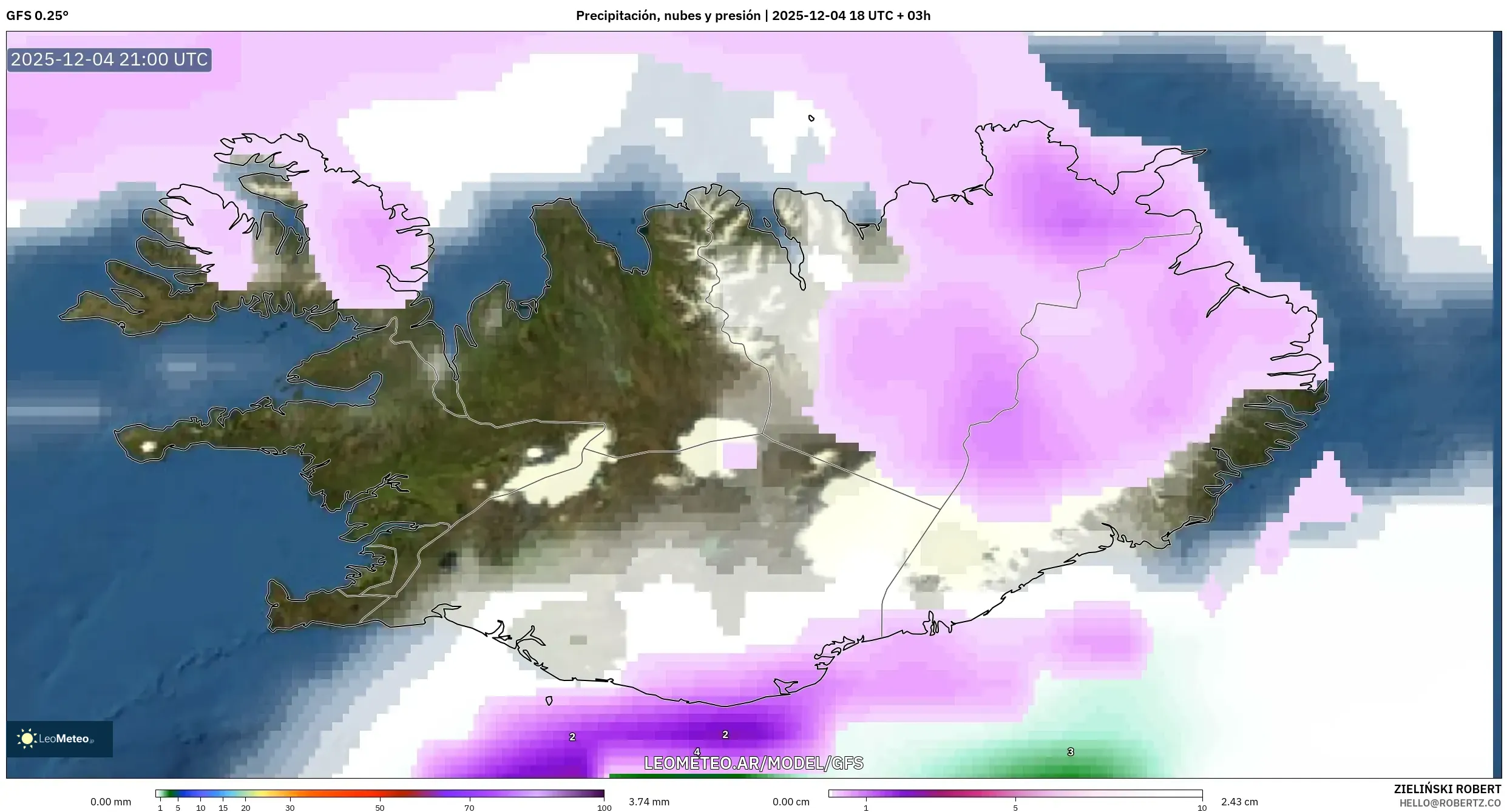 GFS model - Islandia, Precipitación, nubes y presión