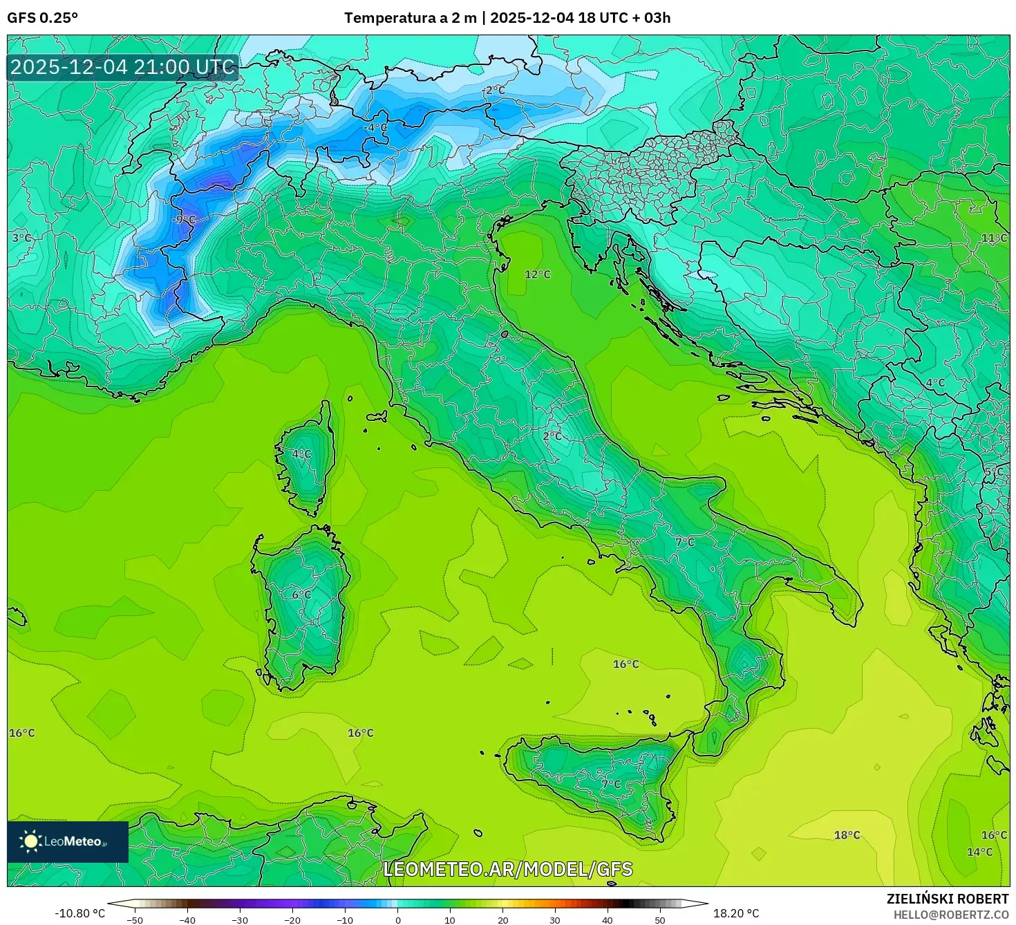 GFS model - Italia, Temperatura a 2 m