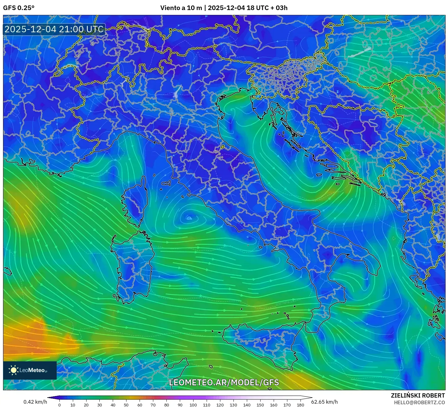 GFS model - Italia, Viento a 10 m