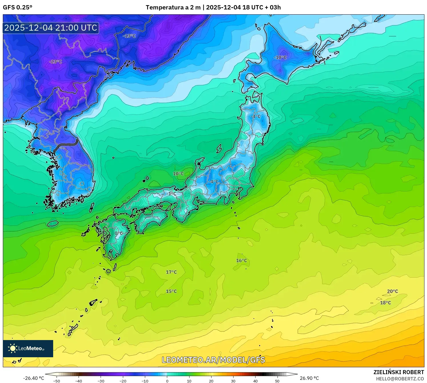 GFS model - Japón, Temperatura a 2 m