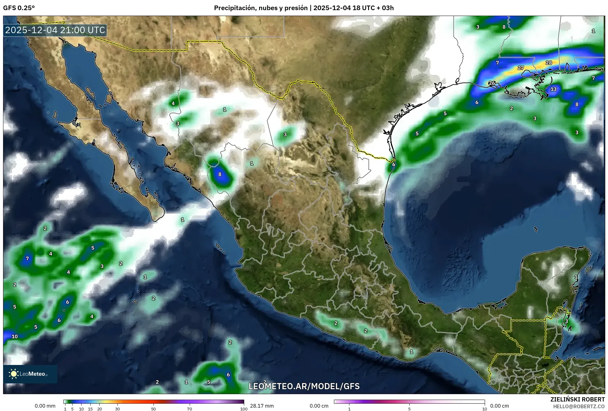 GFS model - México, Precipitación, nubes y presión