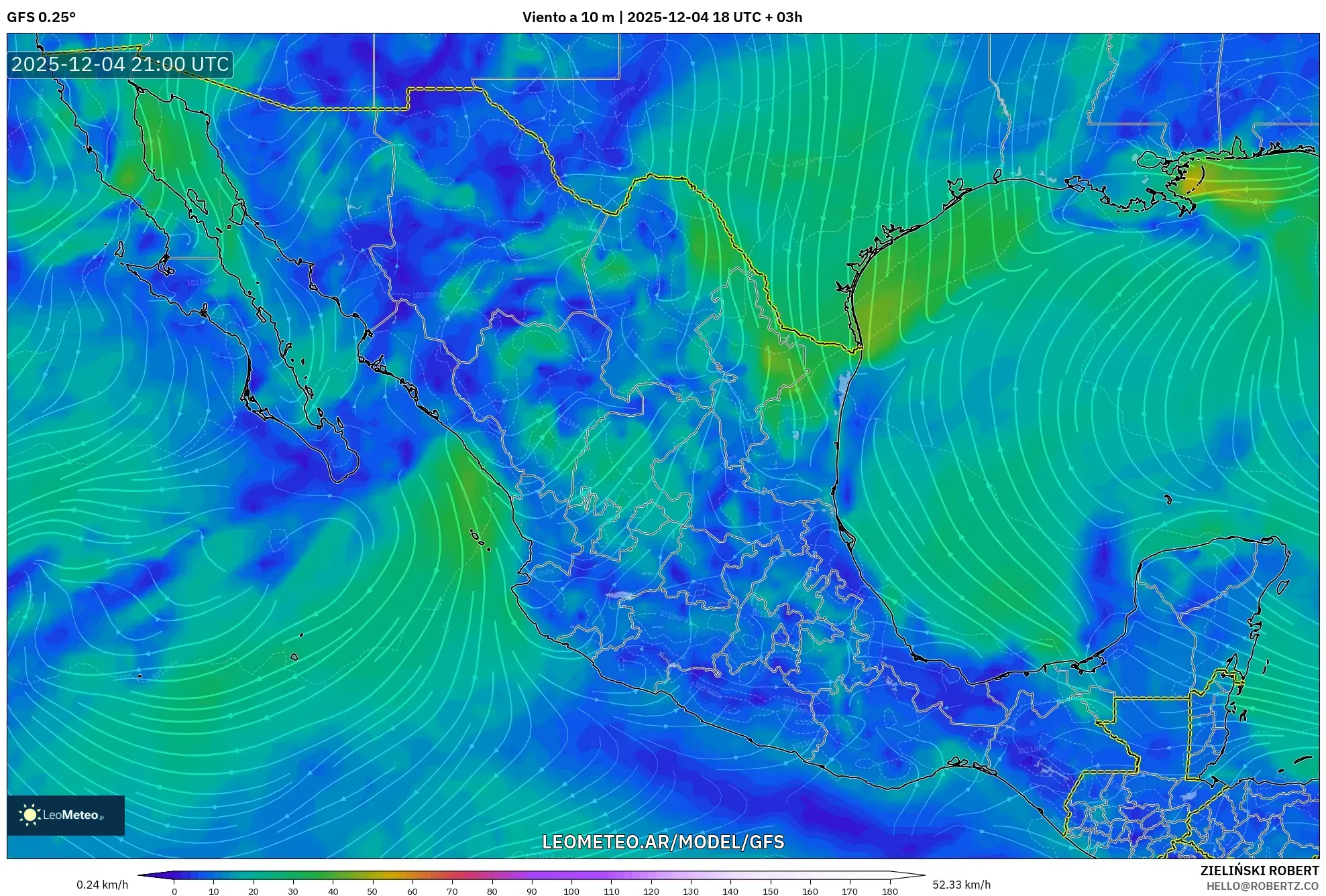 GFS model - México, Viento a 10 m
