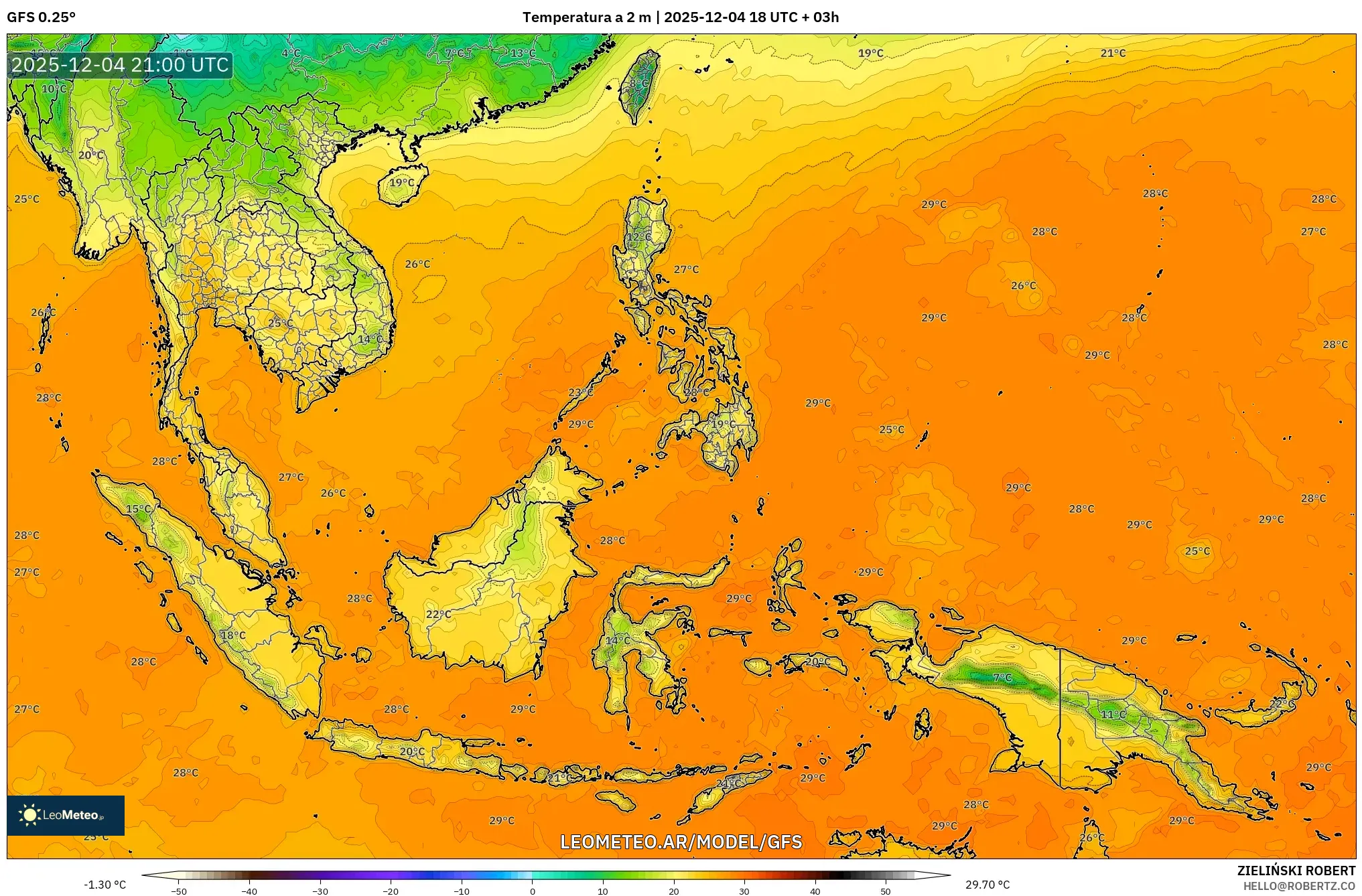 GFS model - Sudeste Asiático, Temperatura a 2 m