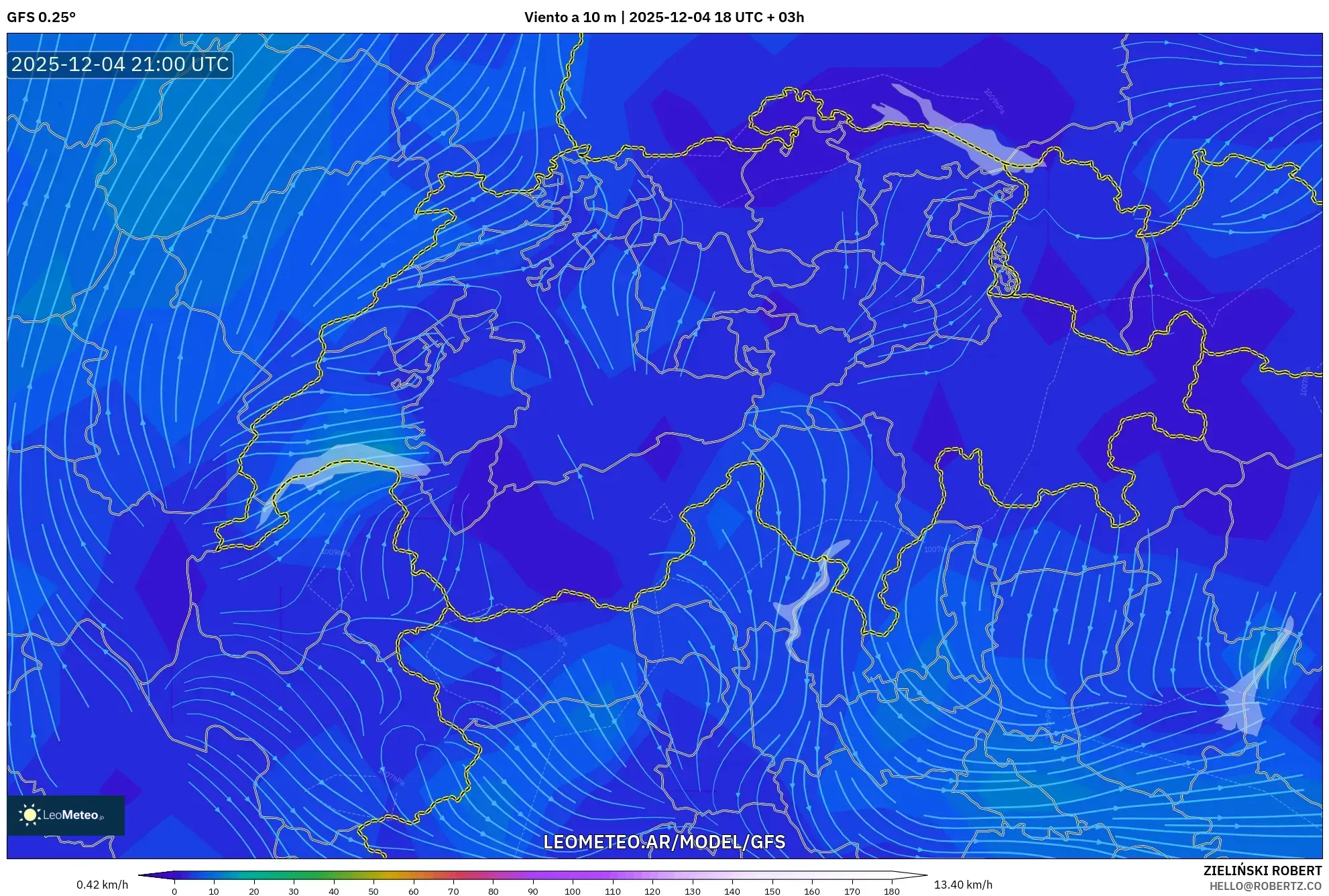 GFS model - Suiza, Viento a 10 m