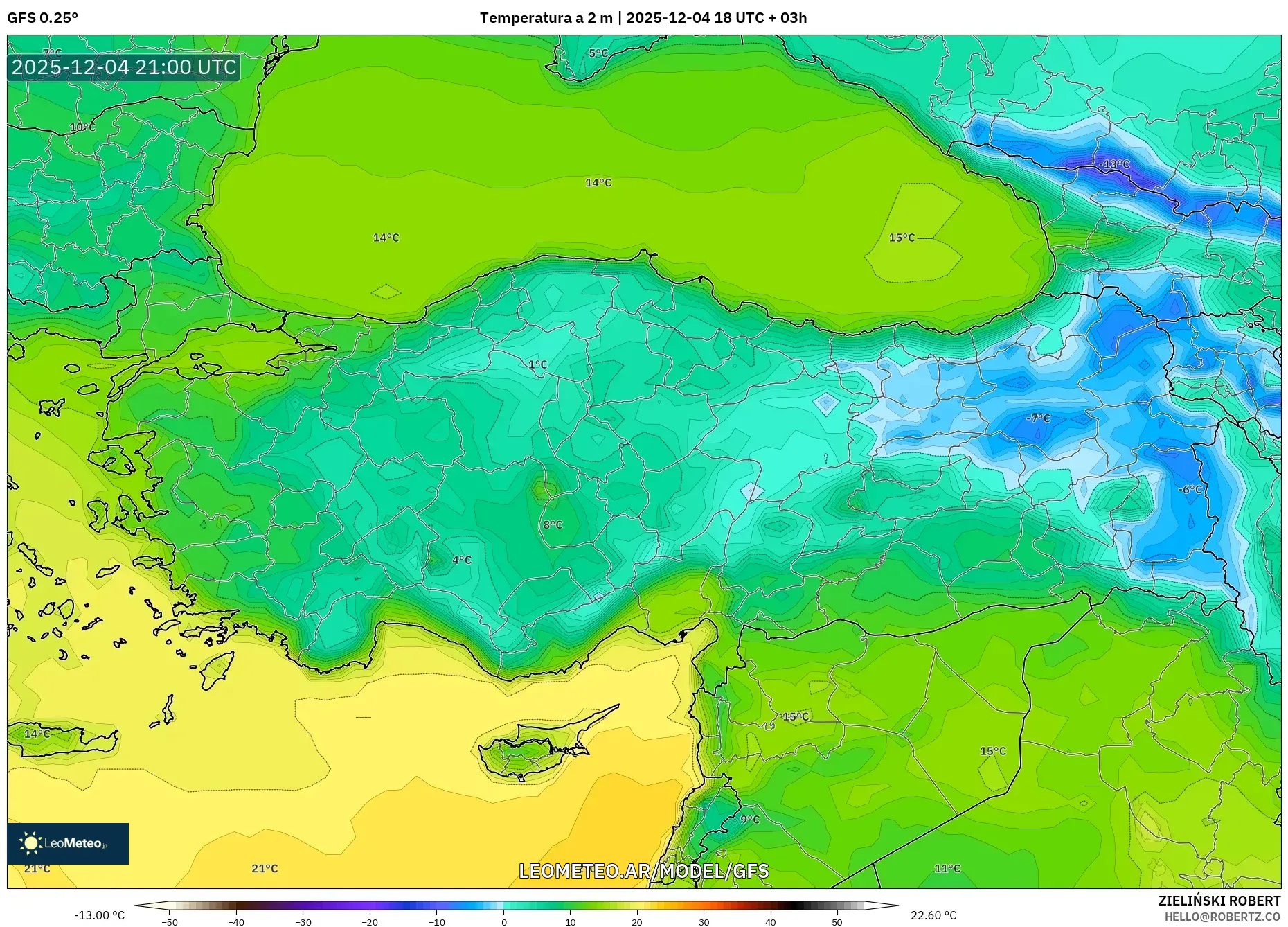 GFS model - Turquía, Temperatura a 2 m