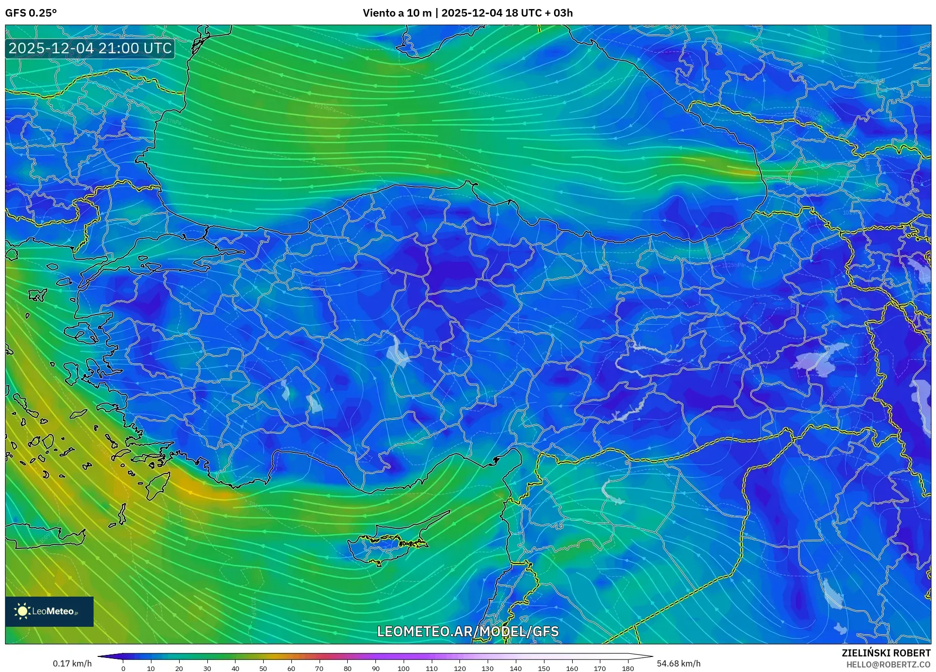 GFS model - Turquía, Viento a 10 m
