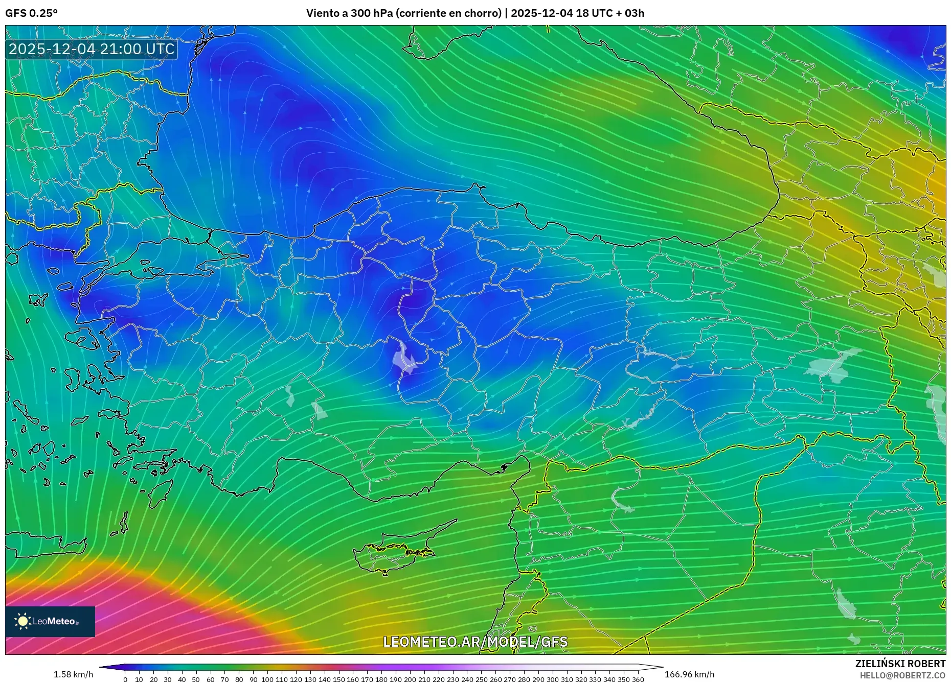 GFS model - Turquía, Viento a 300 hPa (corriente en chorro)