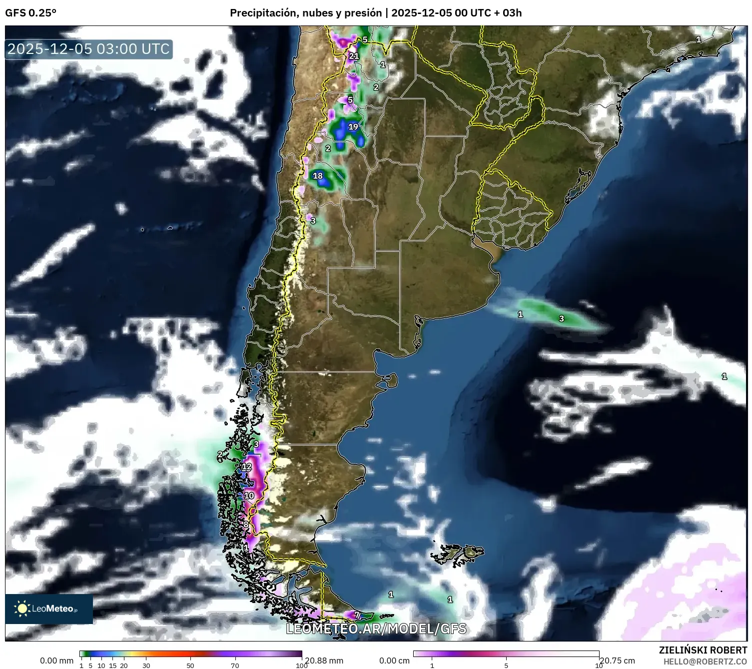 GFS model - Argentina, Precipitación, nubes y presión