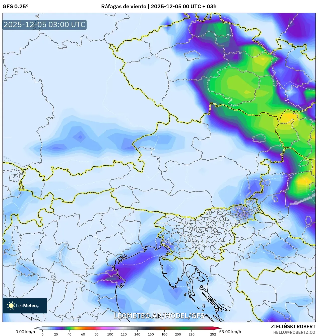 GFS model - Austria, Ráfagas de viento