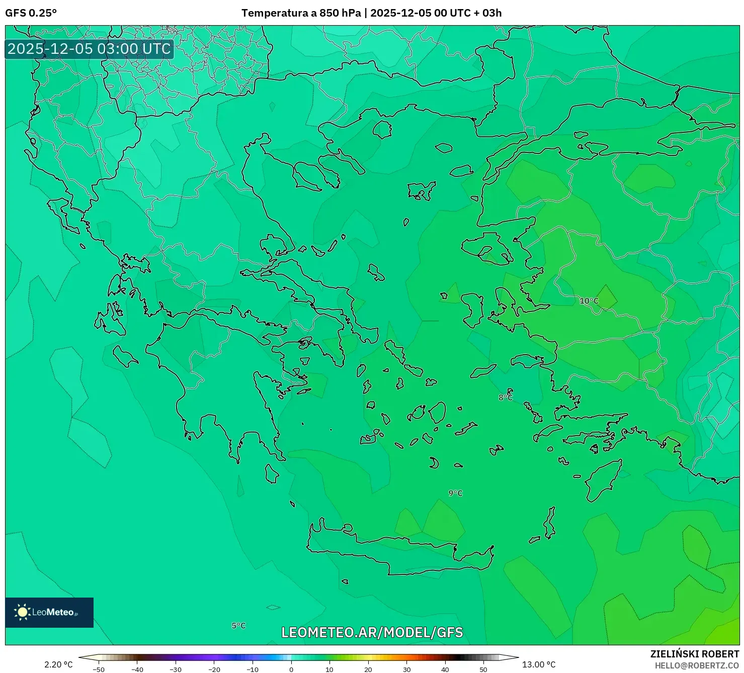 GFS model - Grecia, Temperatura a 850 hPa