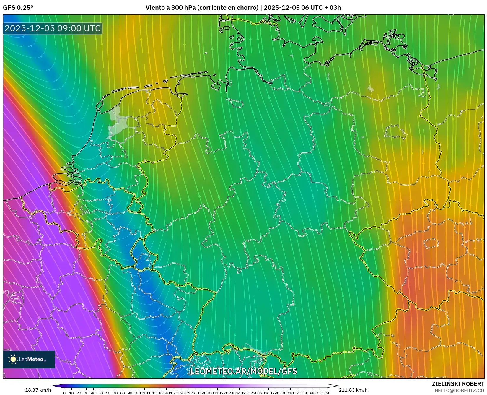 GFS model - Alemania, Viento a 300 hPa (corriente en chorro)