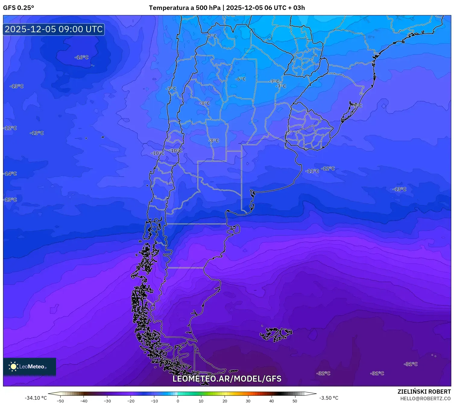 GFS model - Argentina, Temperatura a 500 hPa