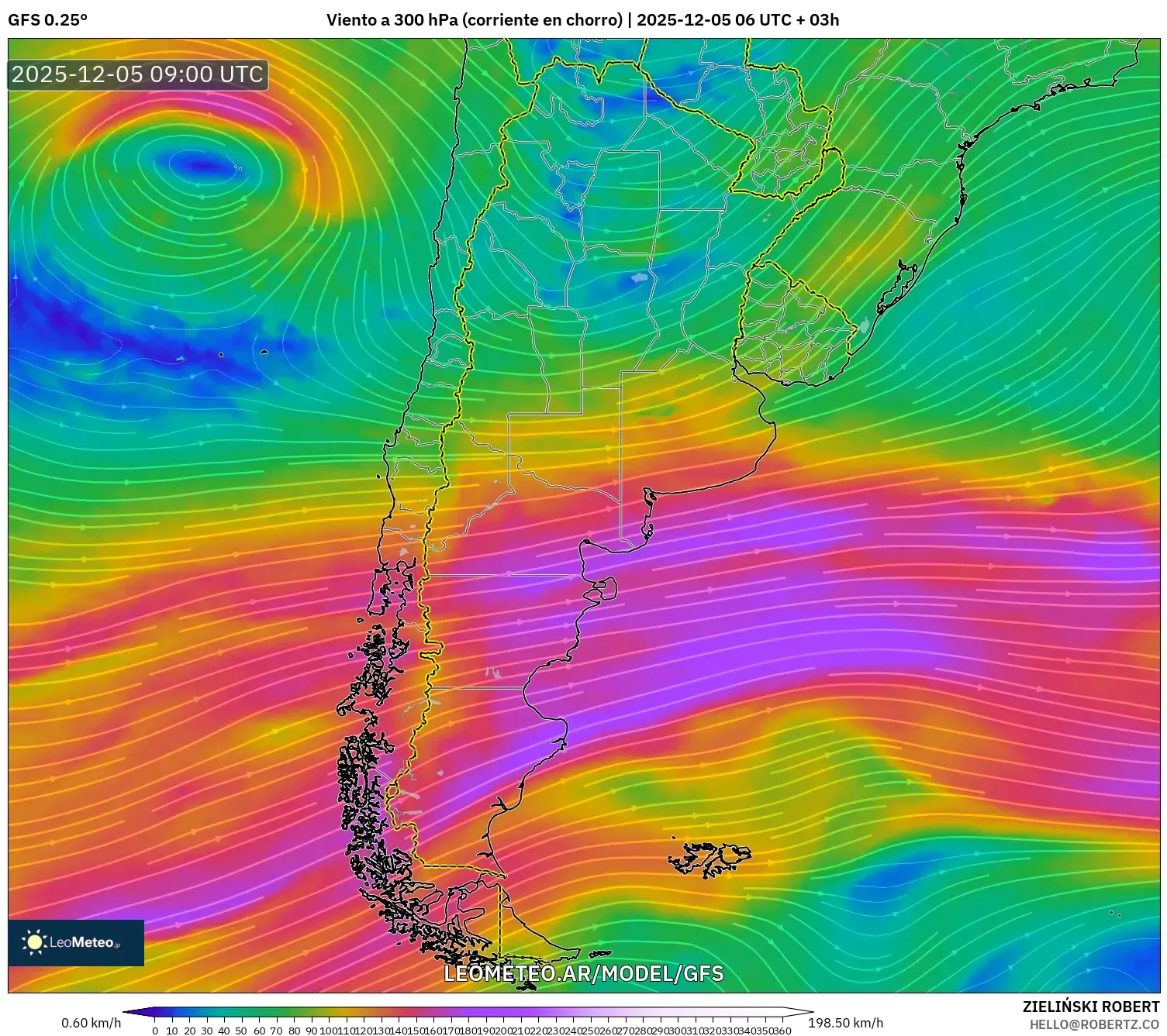 GFS model - Argentina, Viento a 300 hPa (corriente en chorro)