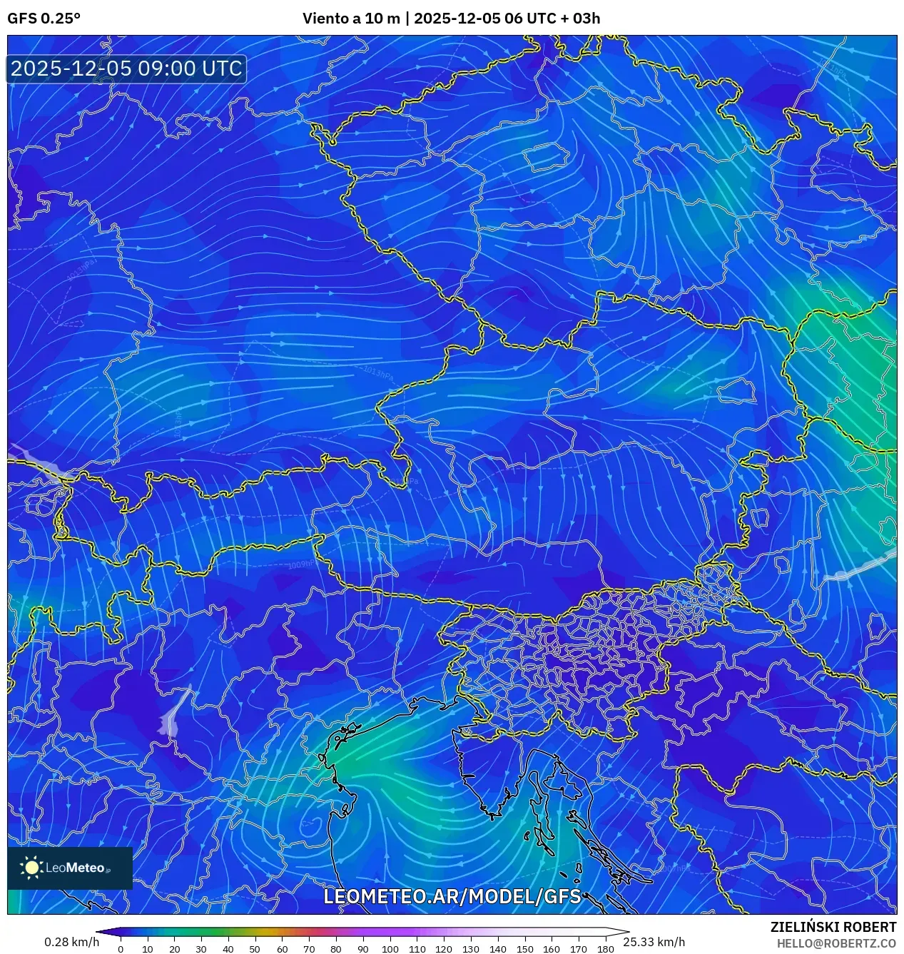 GFS model - Austria, Viento a 10 m