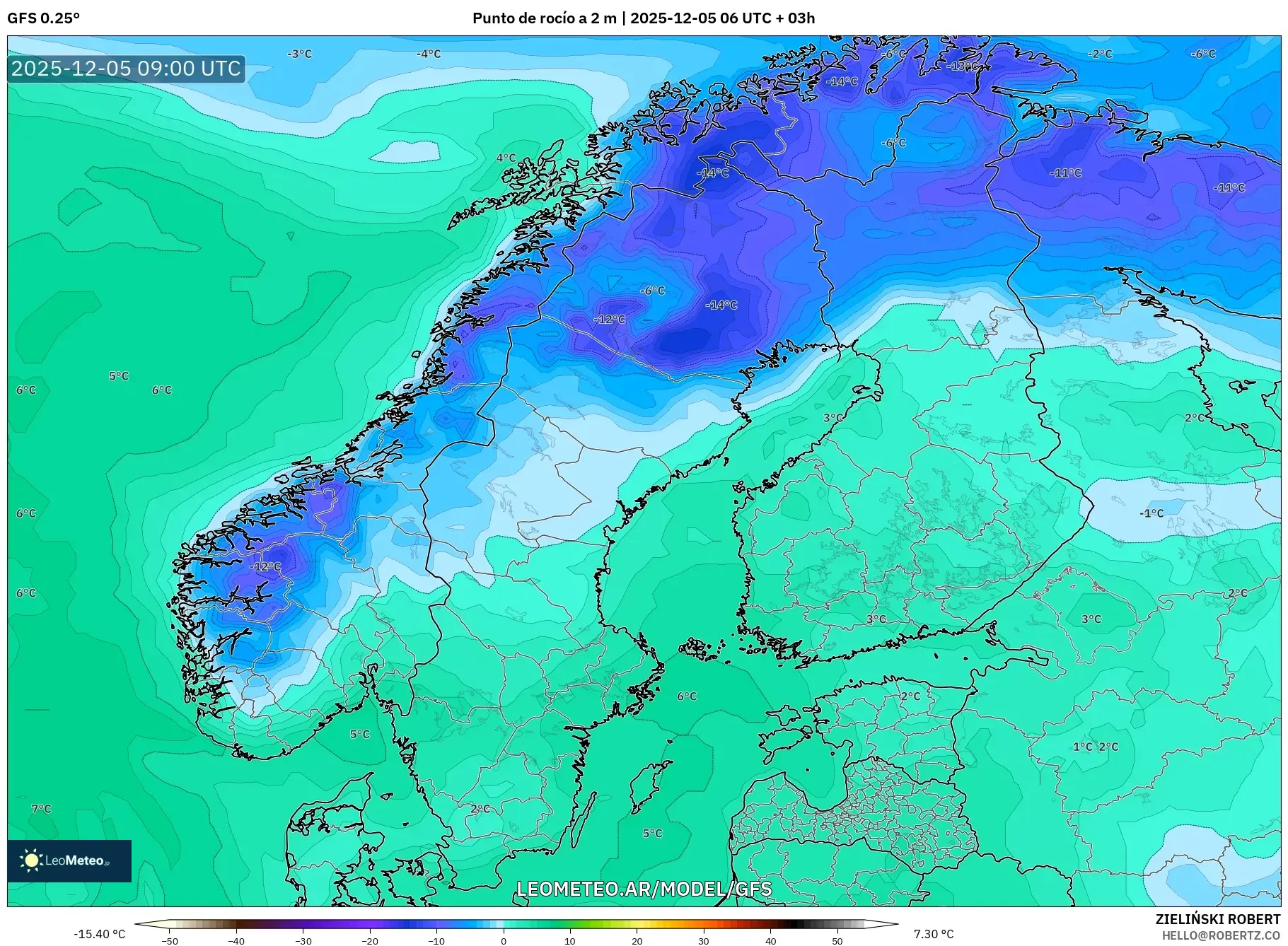 GFS model - Escandinavia, Punto de rocío a 2 m