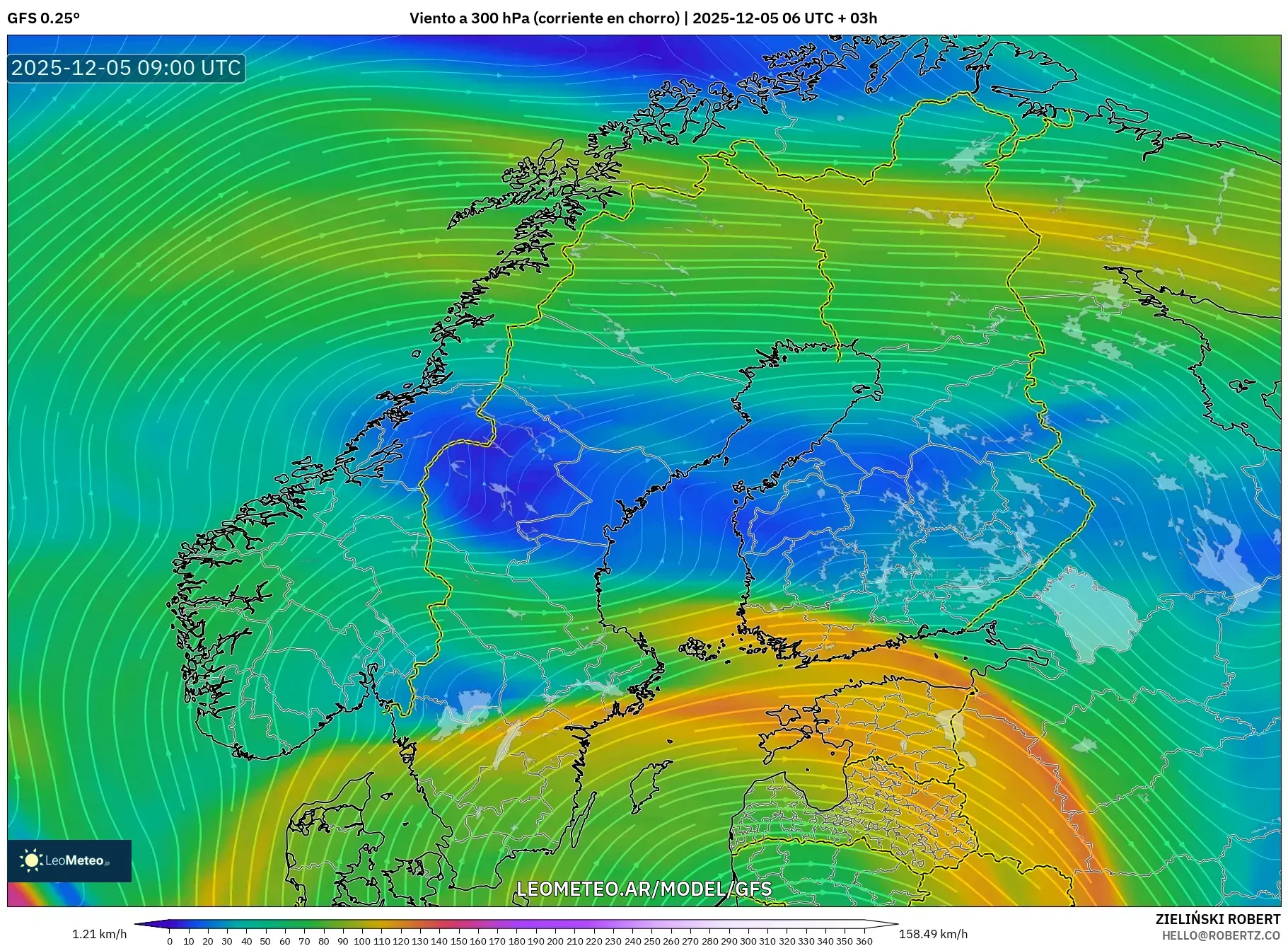GFS model - Escandinavia, Viento a 300 hPa (corriente en chorro)